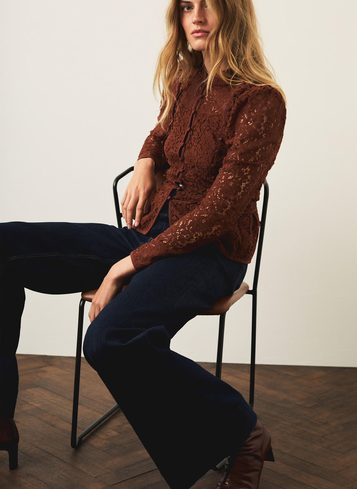 Brown Rust Mandarin Collar Lace Blouse