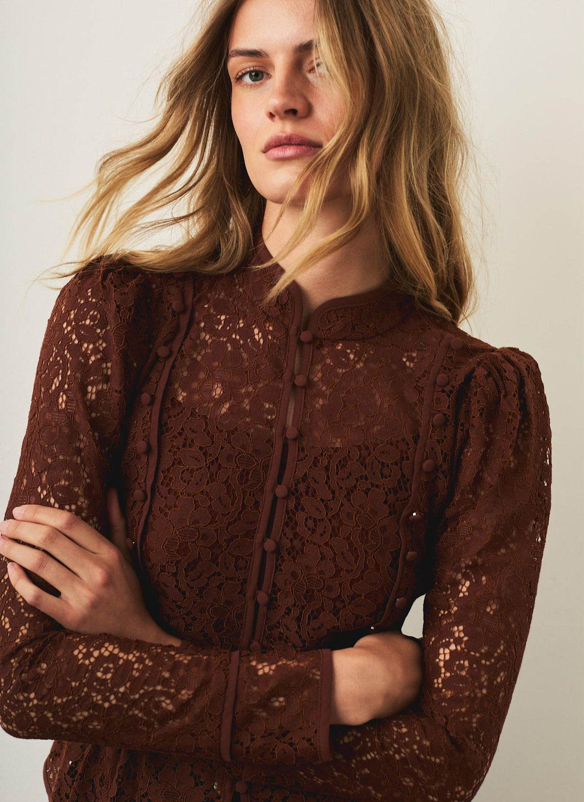 Brown Rust Mandarin Collar Lace Blouse