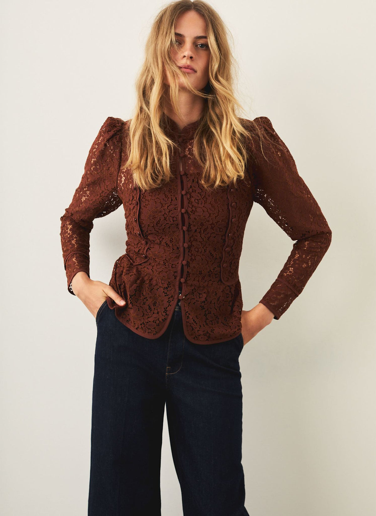 Brown Rust Mandarin Collar Lace Blouse