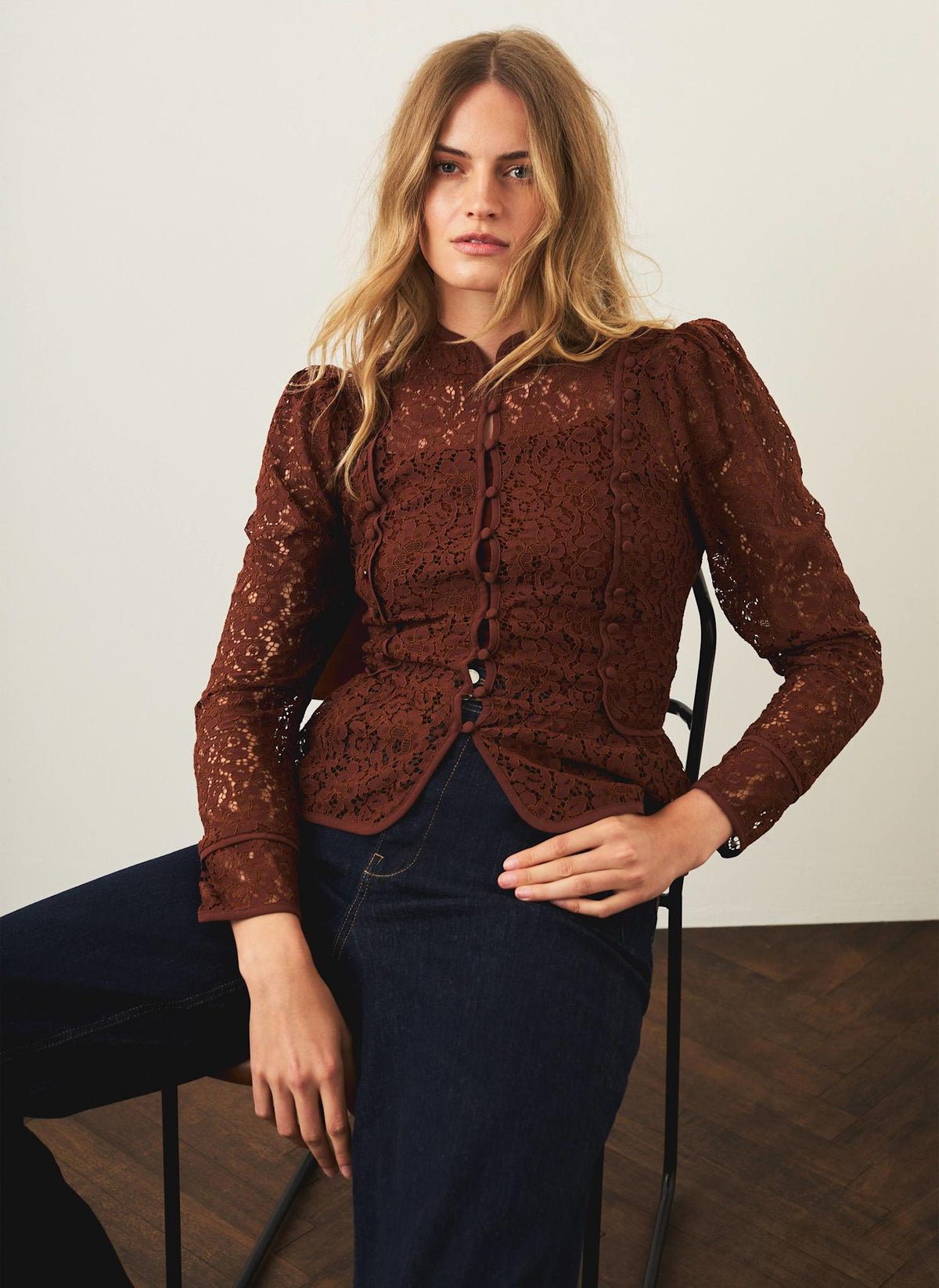 Brown Rust Mandarin Collar Lace Blouse