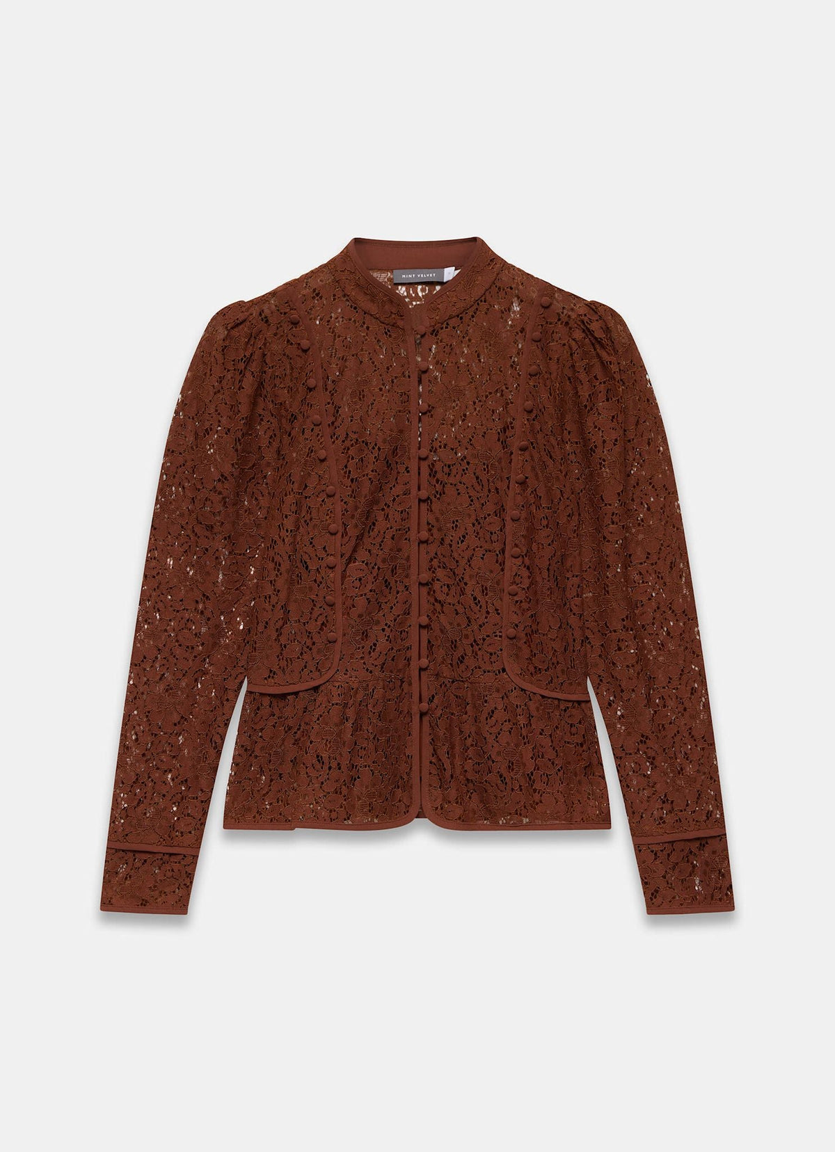 Brown Rust Mandarin Collar Lace Blouse