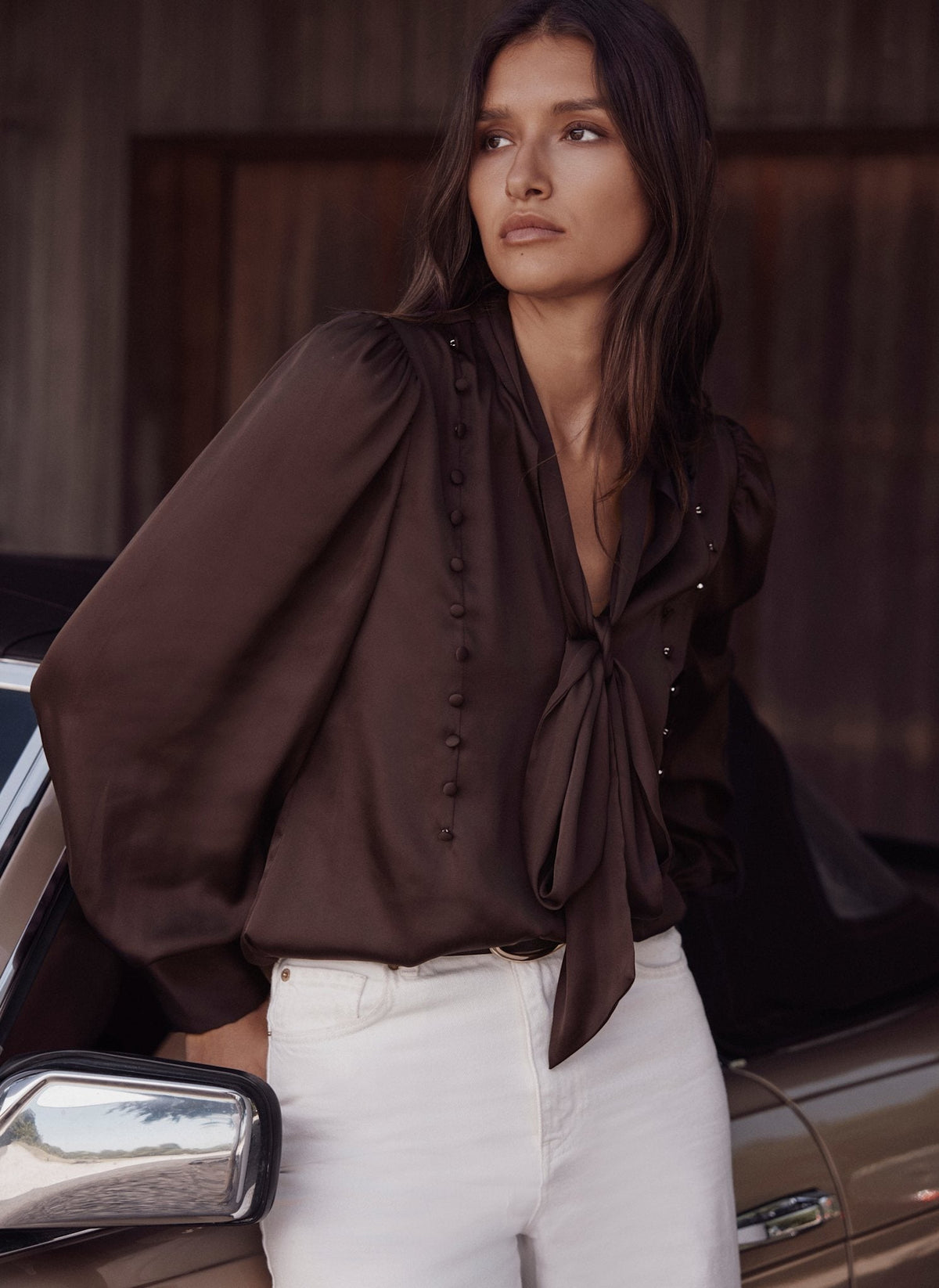 Brown Pussybow Blouse in Satin