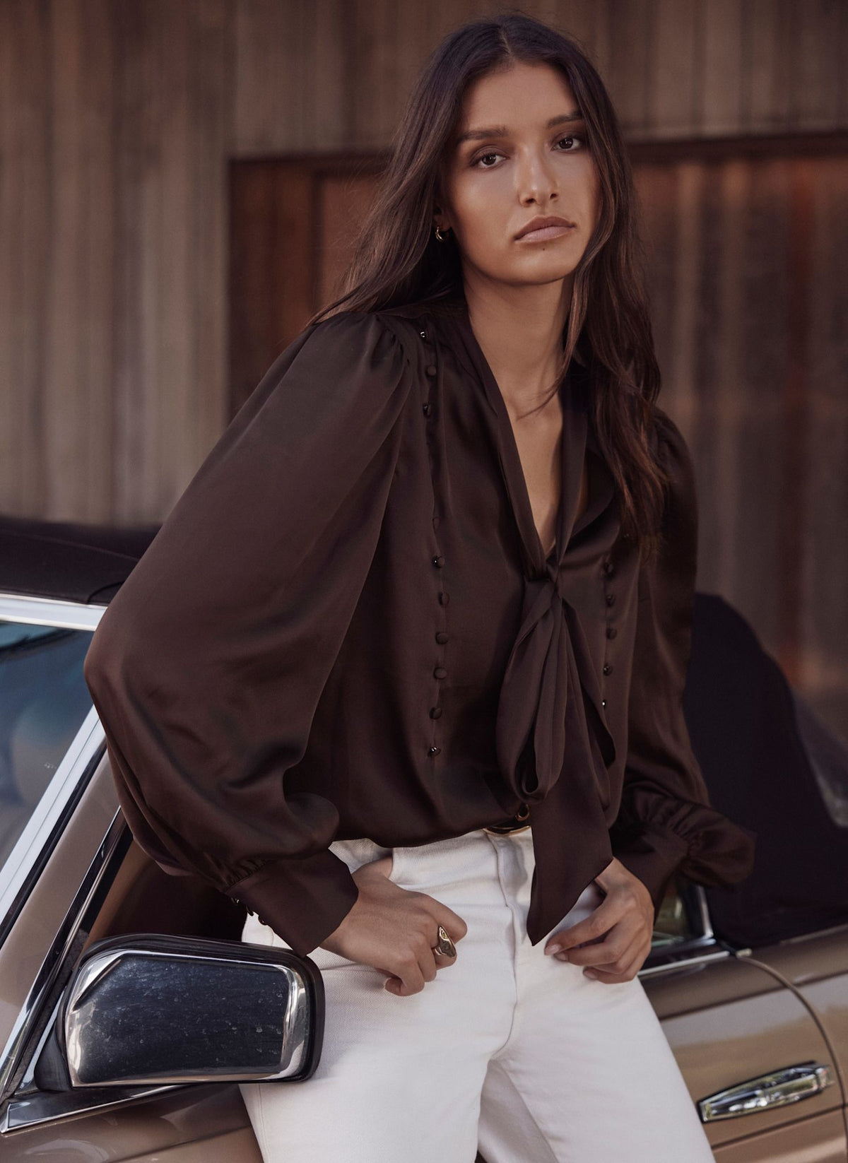 Brown Pussybow Blouse in Satin