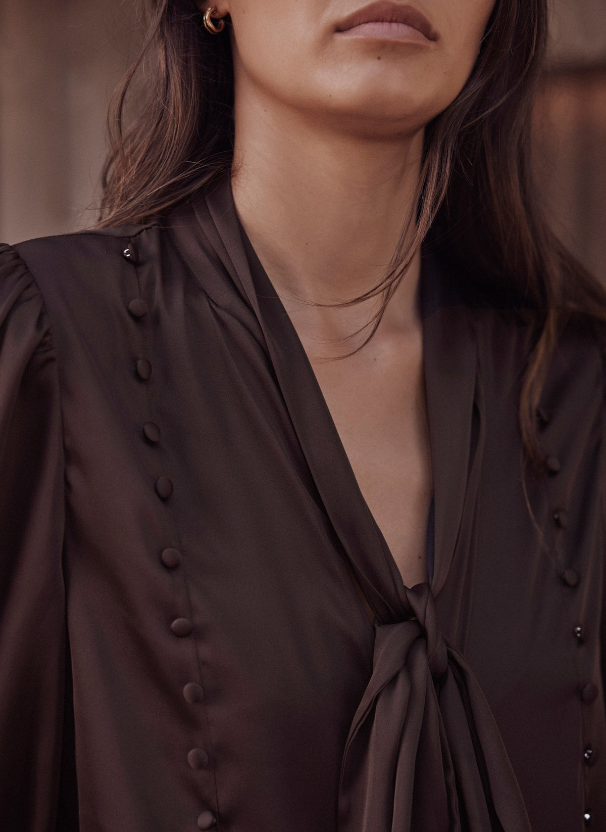Brown Pussybow Blouse in Satin