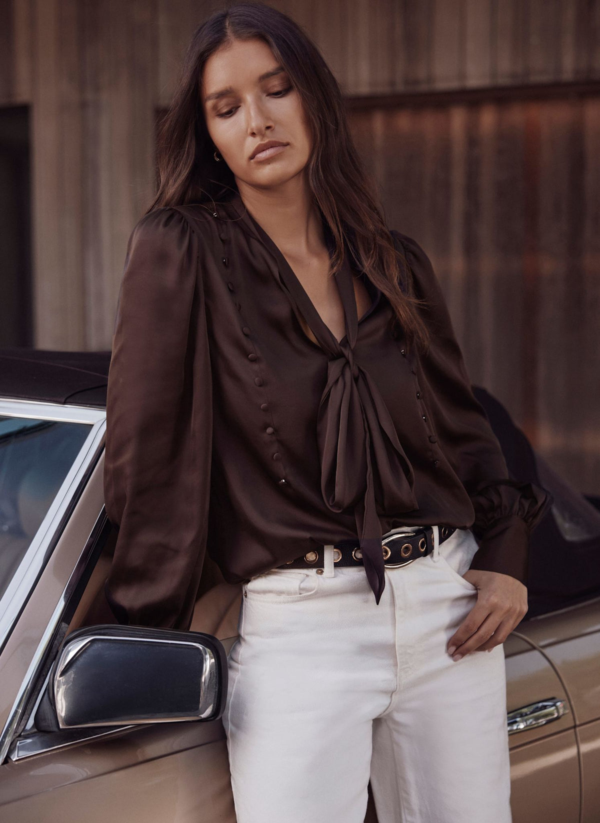 Brown Pussybow Blouse in Satin