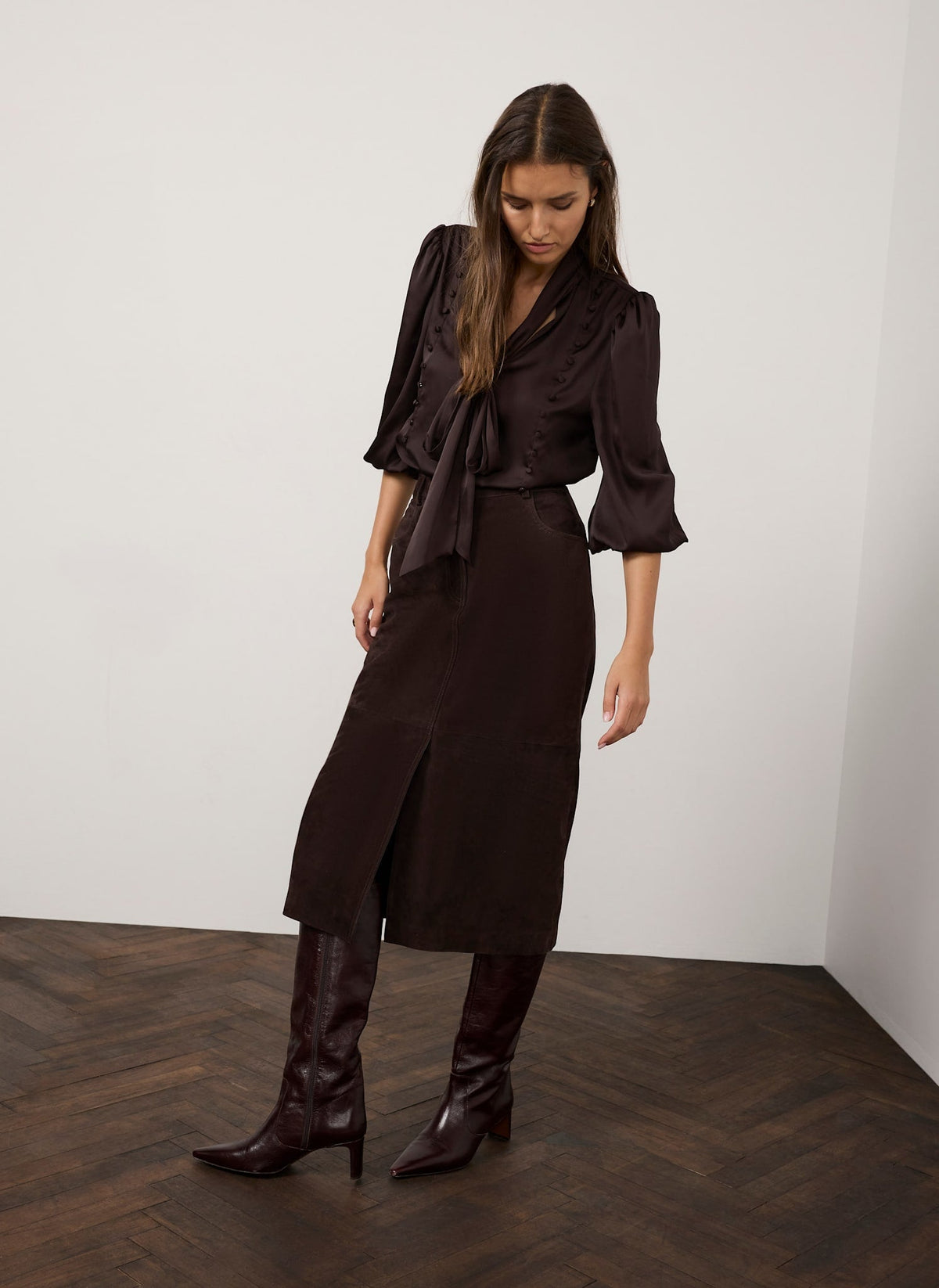Brown Suede Midi Pencil Skirt