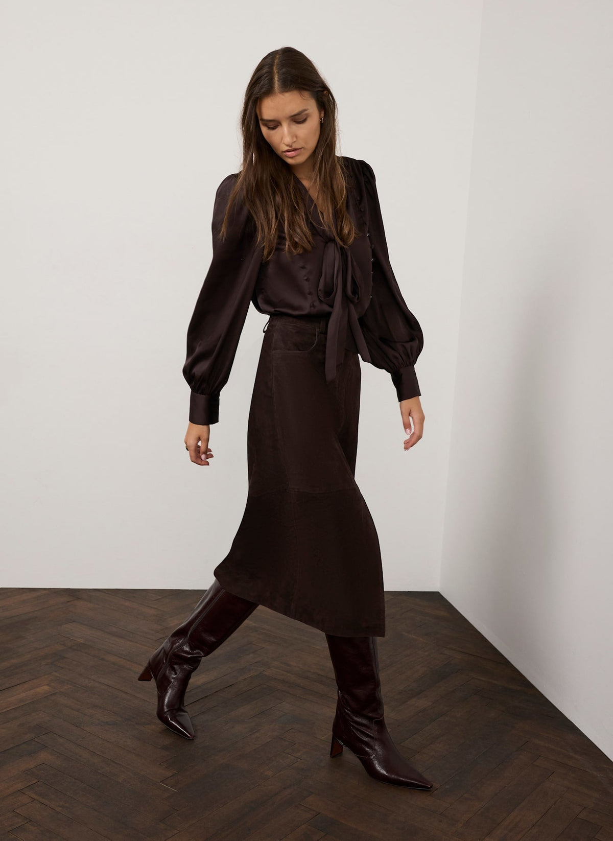 Brown Suede Midi Pencil Skirt