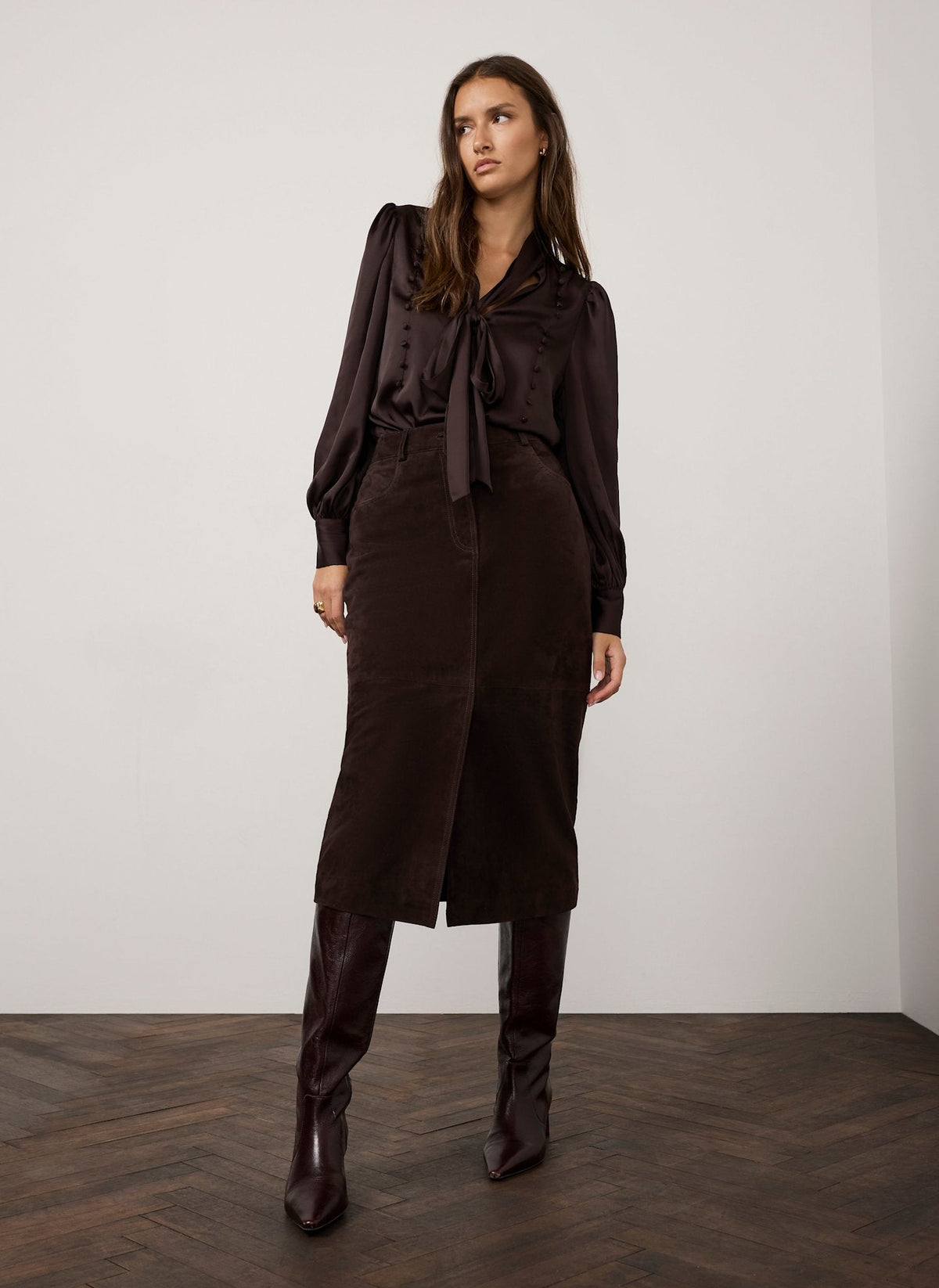 Brown Suede Midi Pencil Skirt