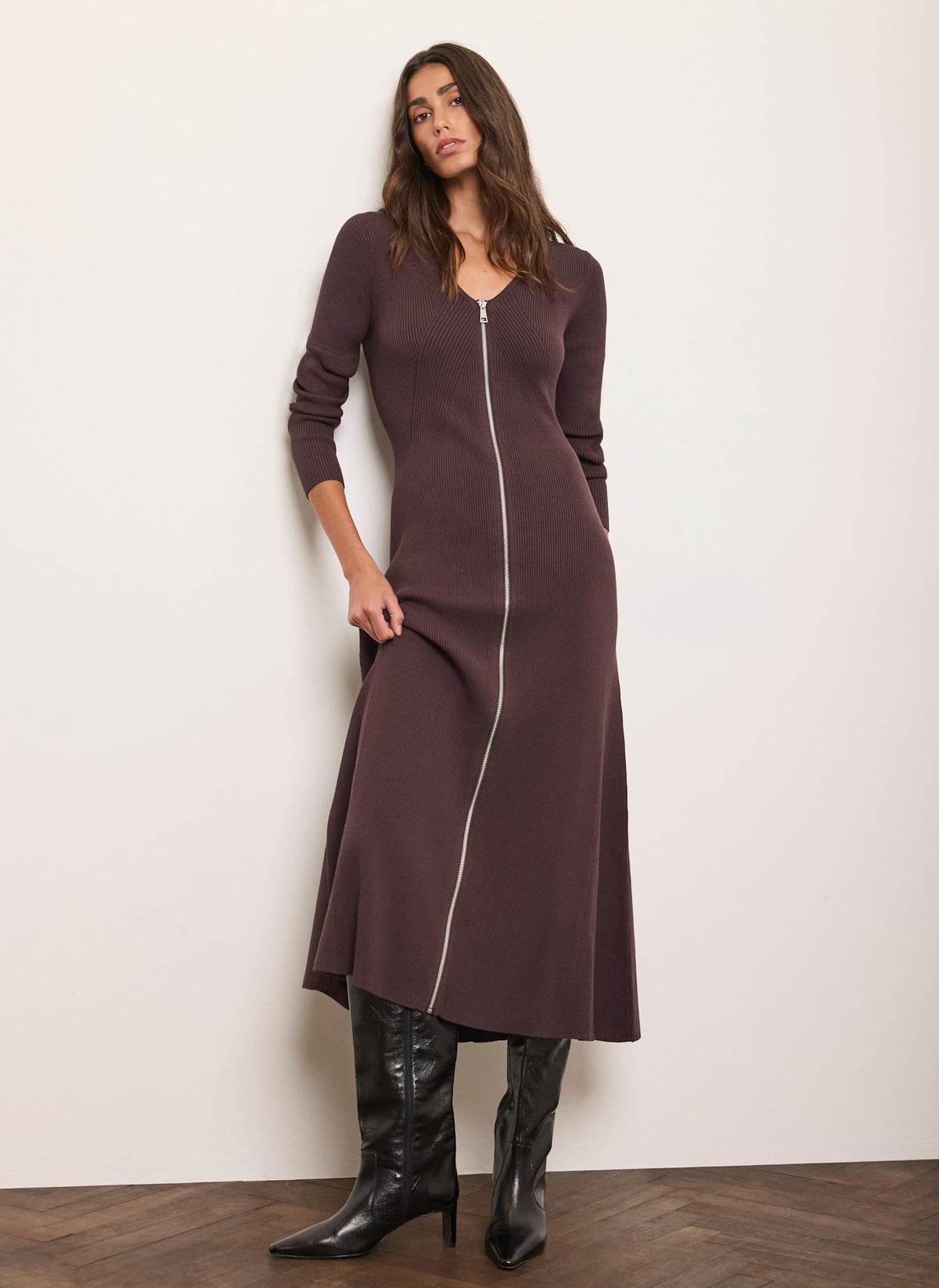 Brown Ribbed Knit Midi Dress with Zip Front