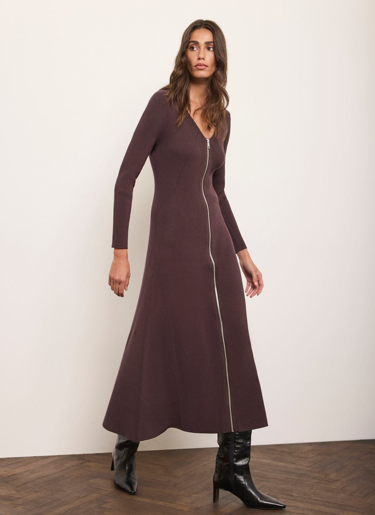 Brown Ribbed Knit Midi Dress with Zip Front