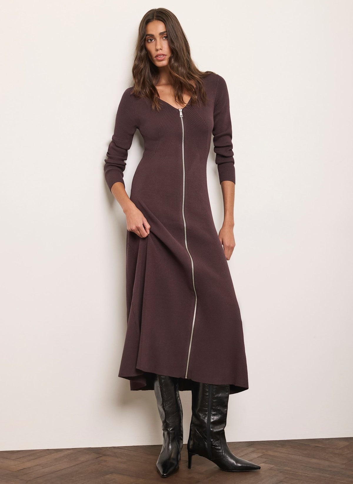 Brown Ribbed Knit Midi Dress with Zip Front