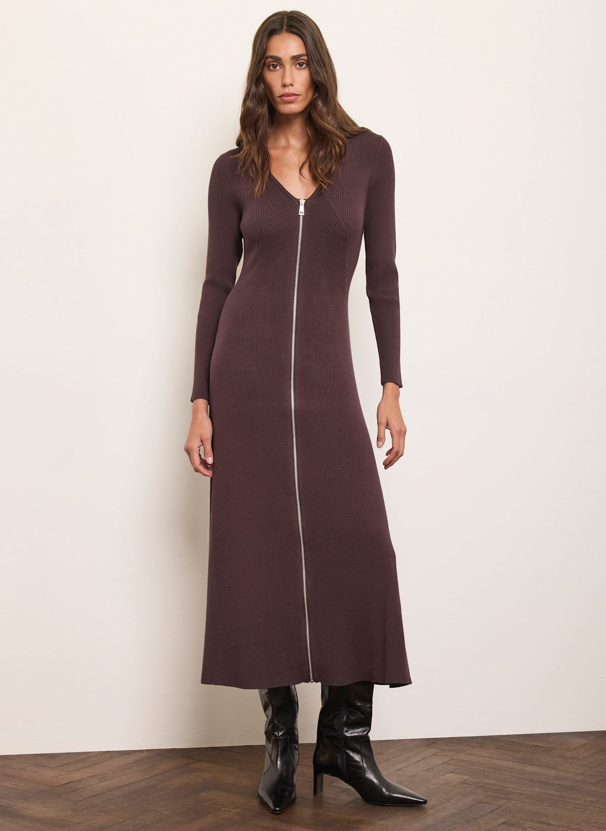 Brown Ribbed Knit Midi Dress with Zip Front