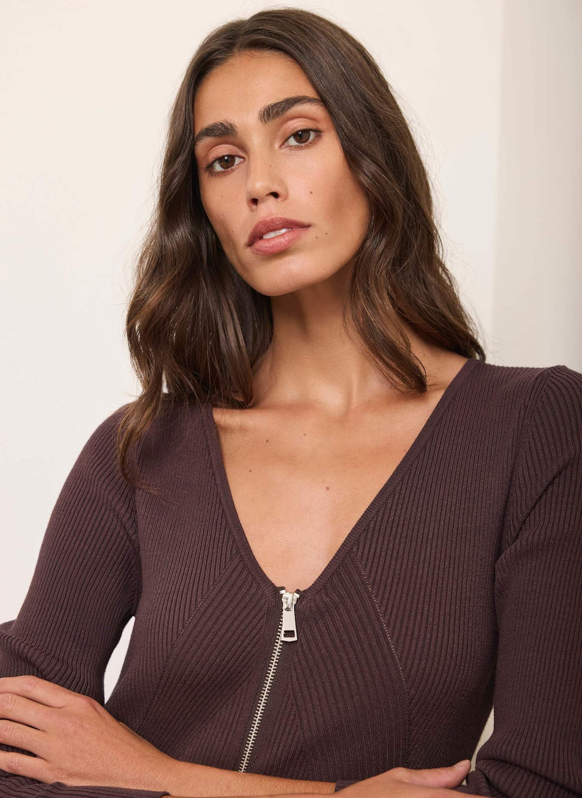 Brown Ribbed Knit Midi Dress with Zip Front