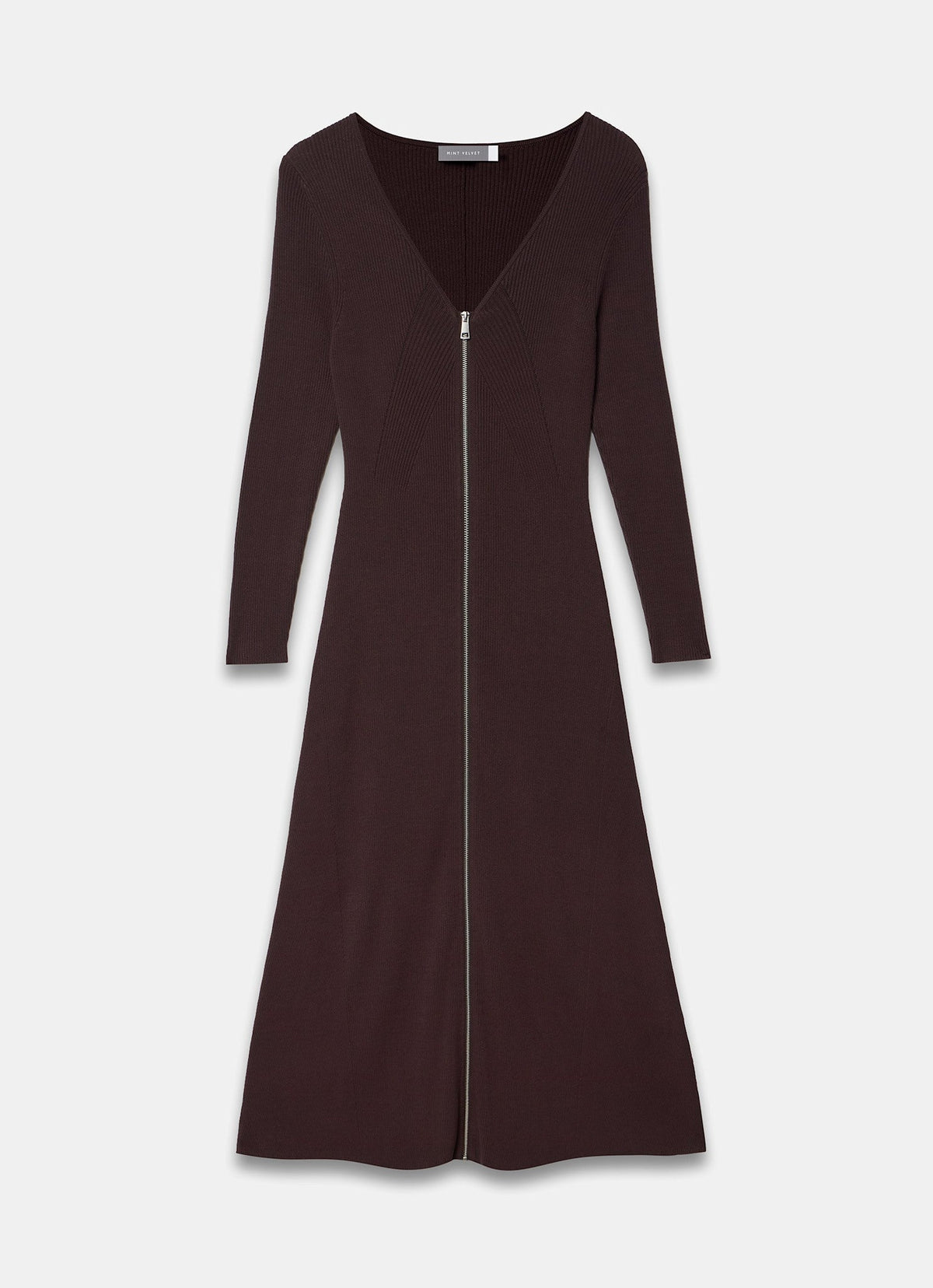 Brown Ribbed Knit Midi Dress with Zip Front