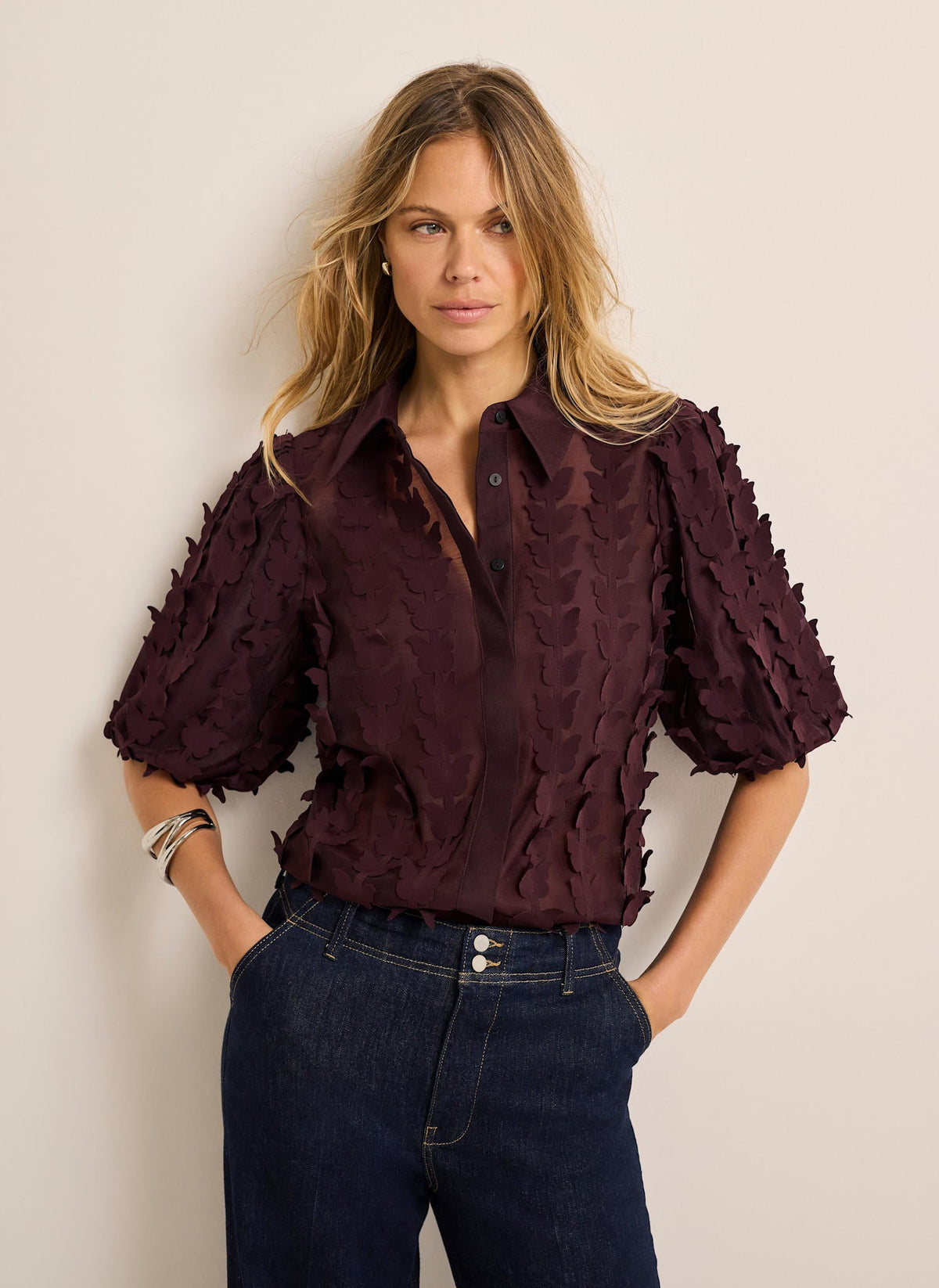 Burgundy Shirt with Butterfly Applique