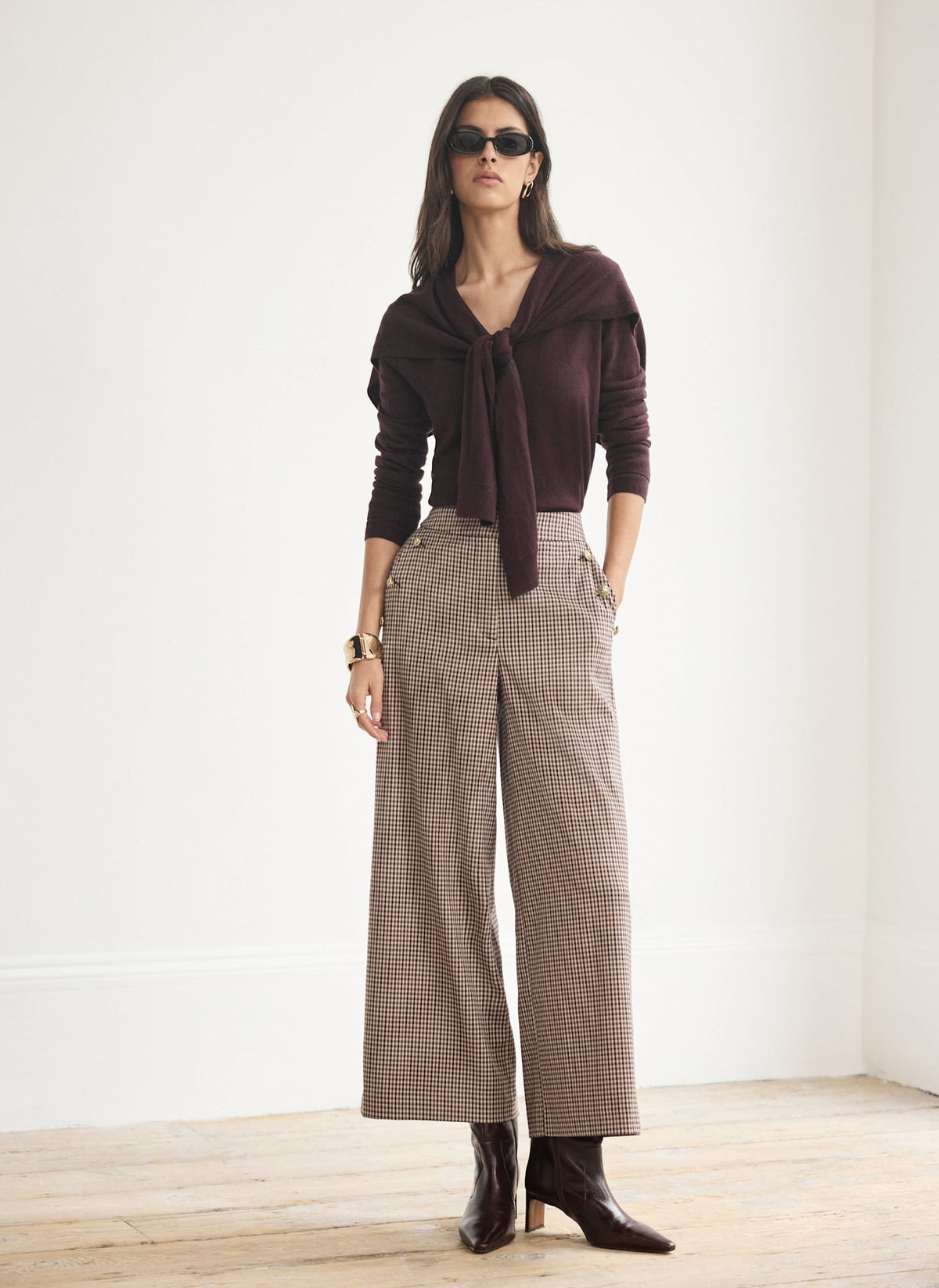Burgundy Checked Wide Leg Cropped Trousers