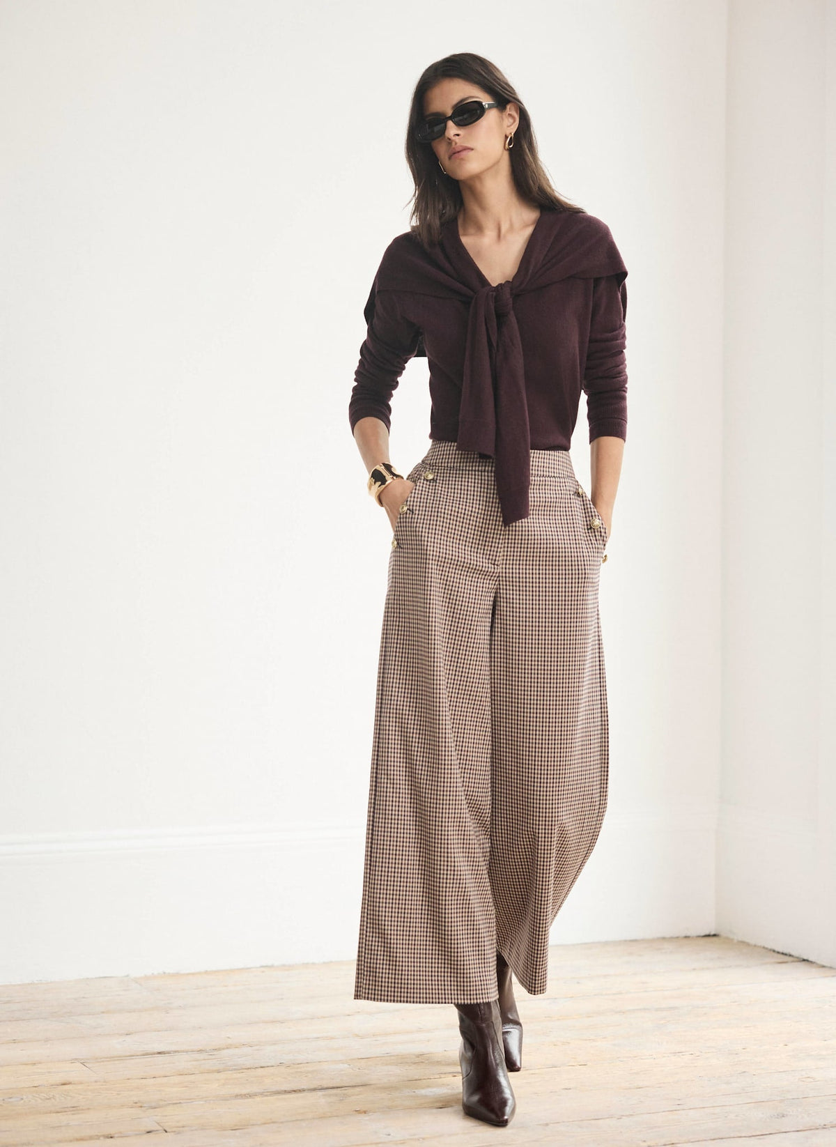 Burgundy Checked Wide Leg Cropped Trousers