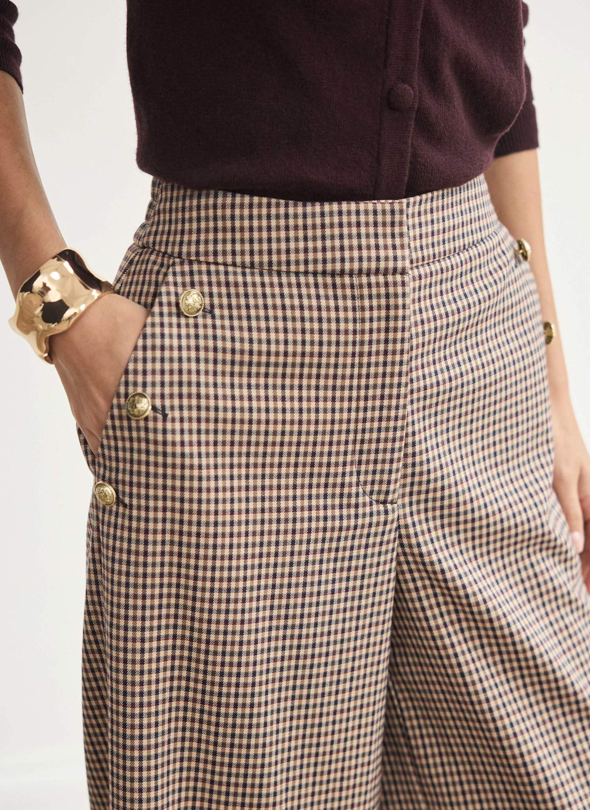 Burgundy Checked Wide Leg Cropped Trousers
