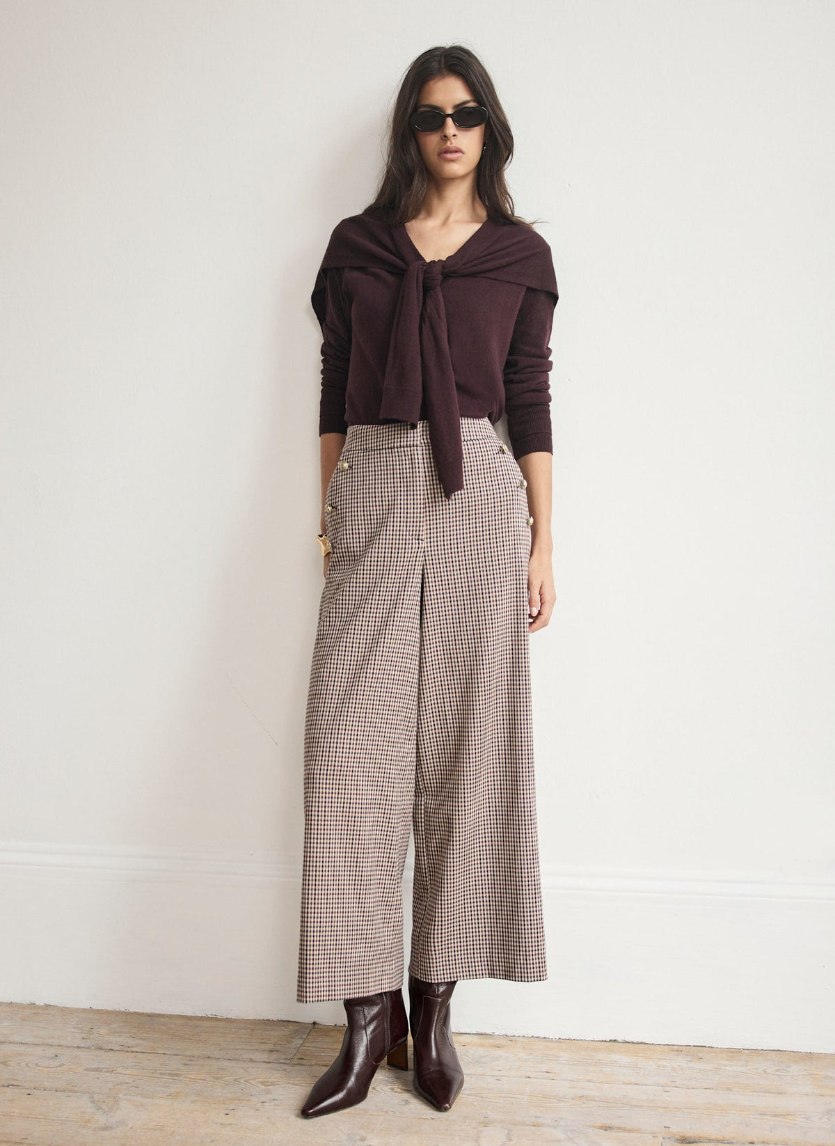 Burgundy Checked Wide Leg Cropped Trousers