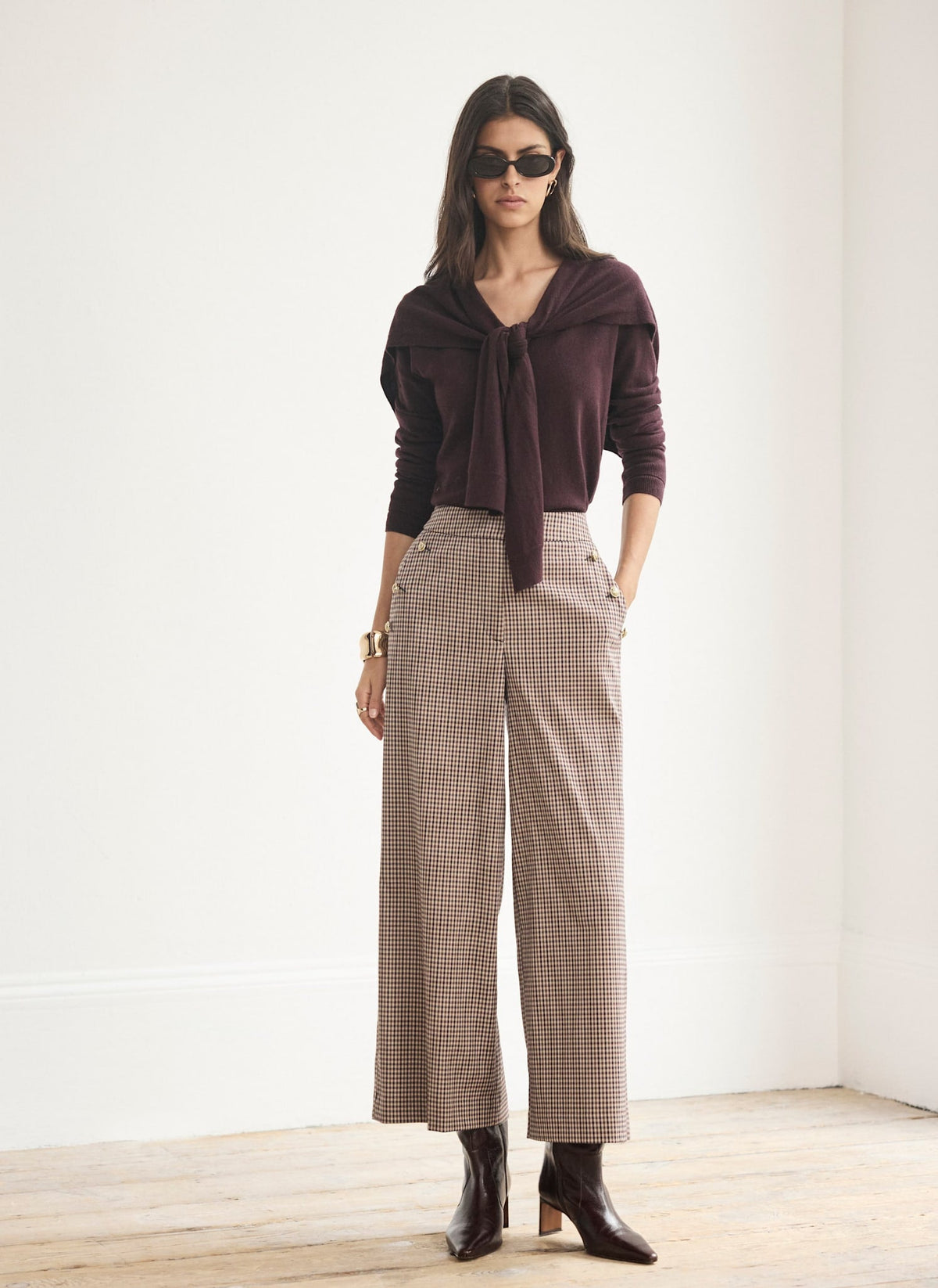 Burgundy Checked Wide Leg Cropped Trousers