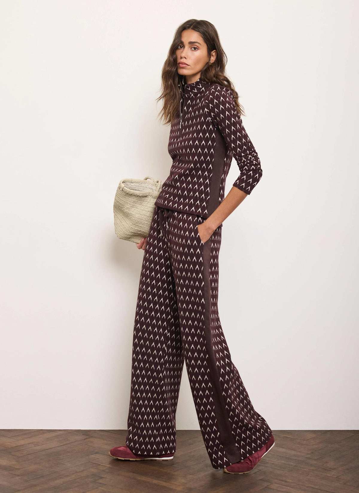 Burgundy Wide Leg Jacquard Trousers