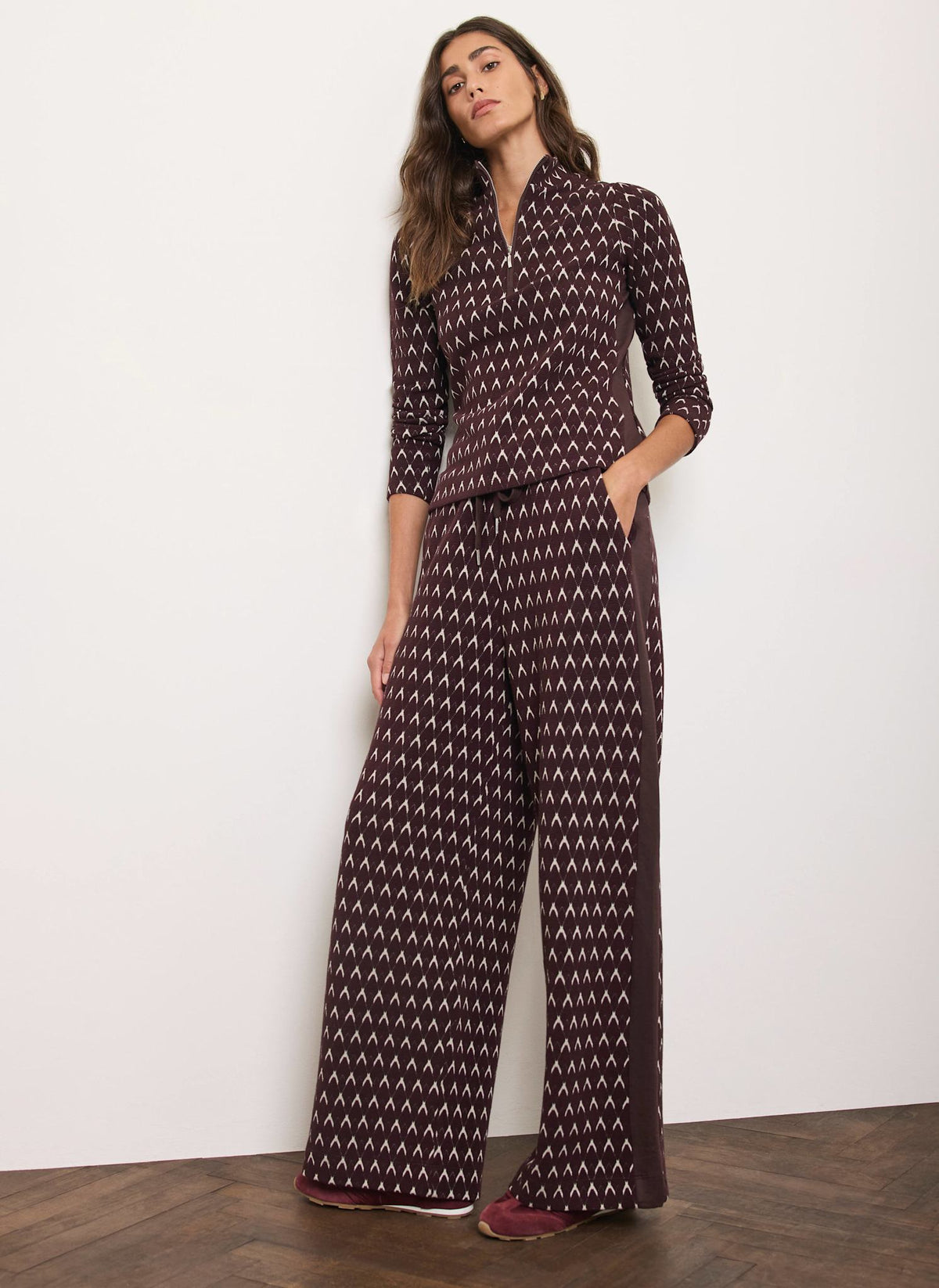 Burgundy Wide Leg Jacquard Trousers