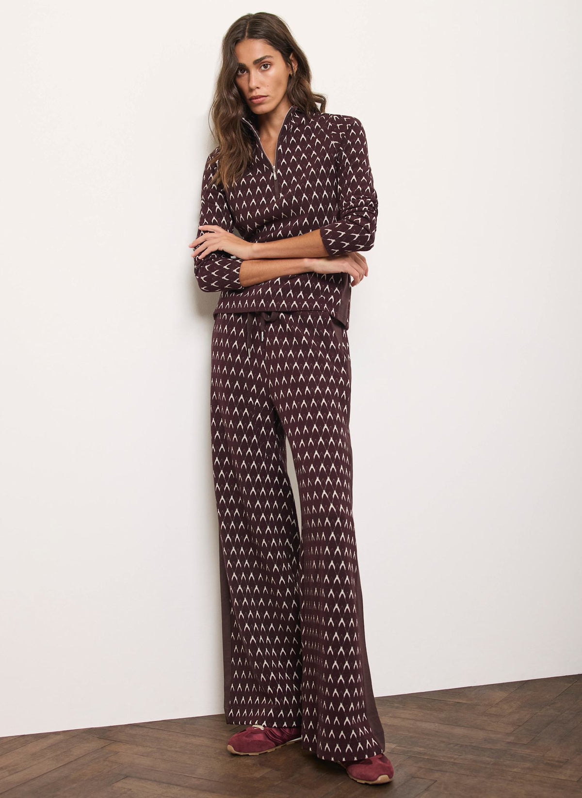 Burgundy Wide Leg Jacquard Trousers