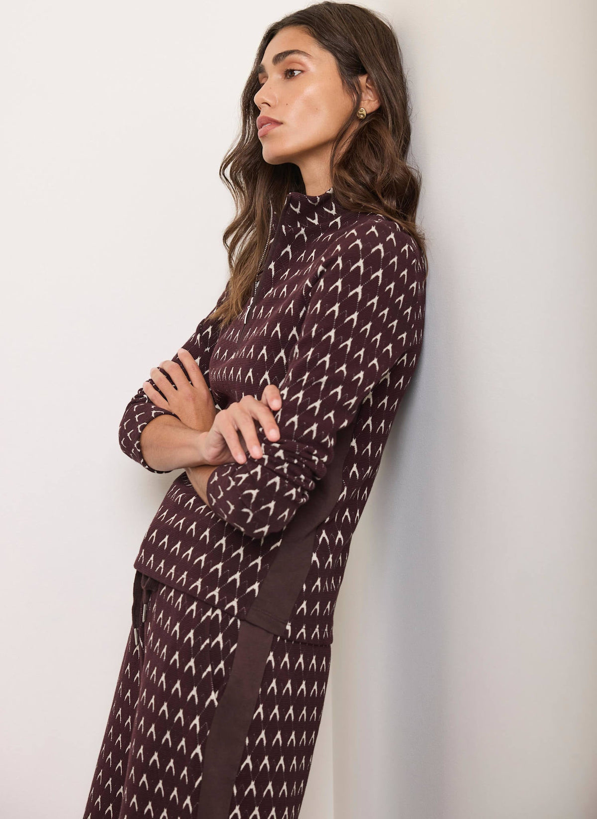 Burgundy Wide Leg Jacquard Trousers