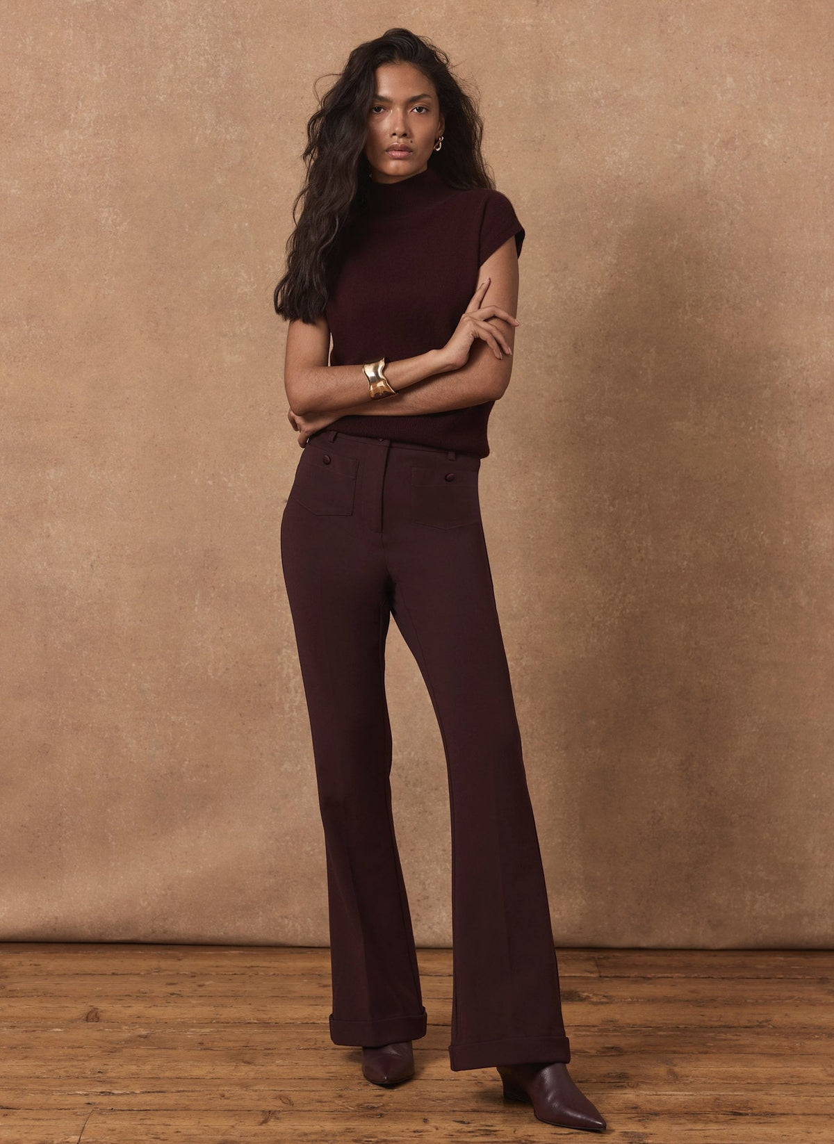 Burgundy Flared Trousers with Pocket Detail
