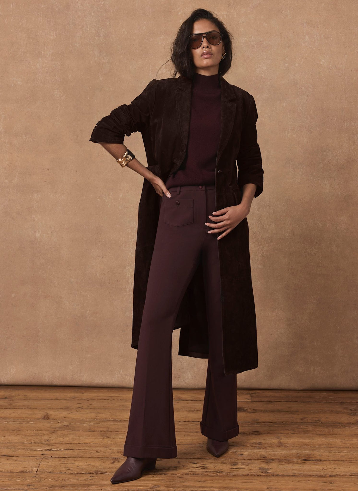 Burgundy Flared Trousers with Pocket Detail