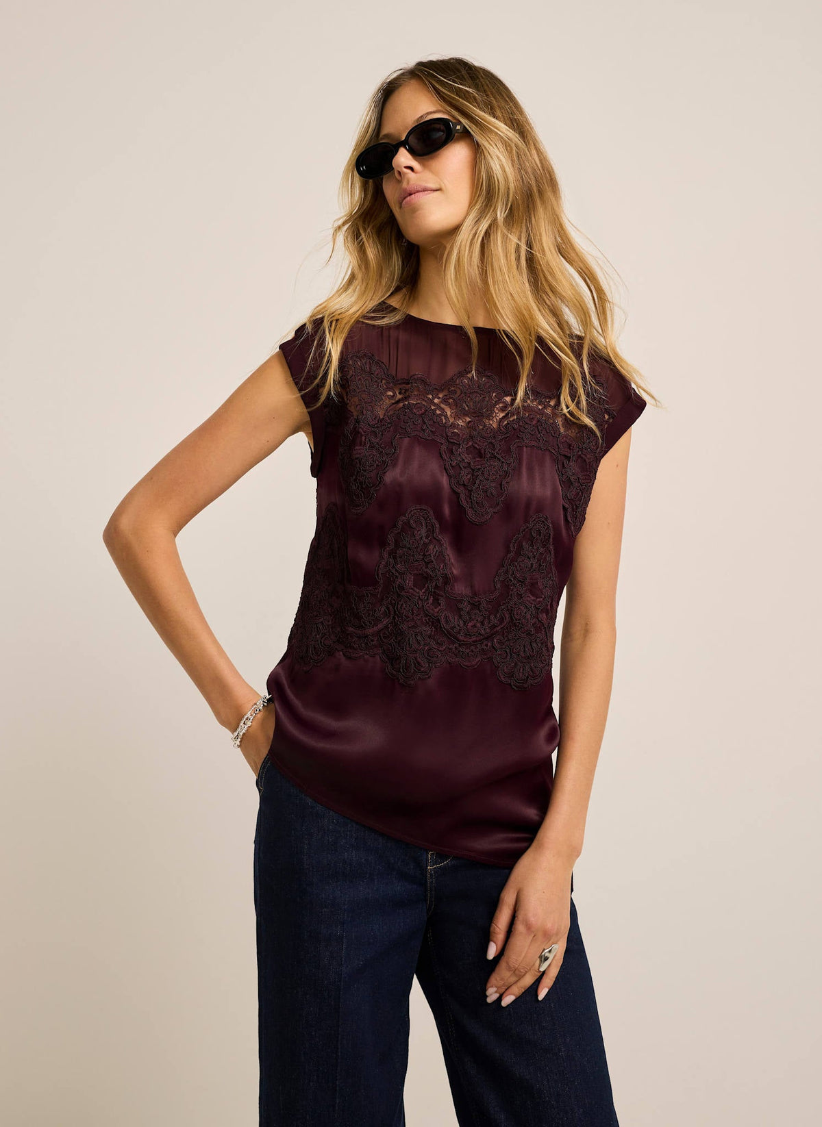 Burgundy Satin Top with Lace Detail