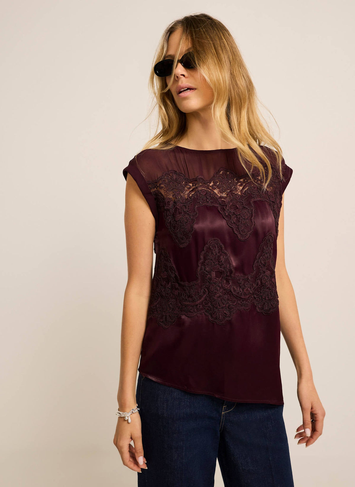 Burgundy Satin Top with Lace Detail
