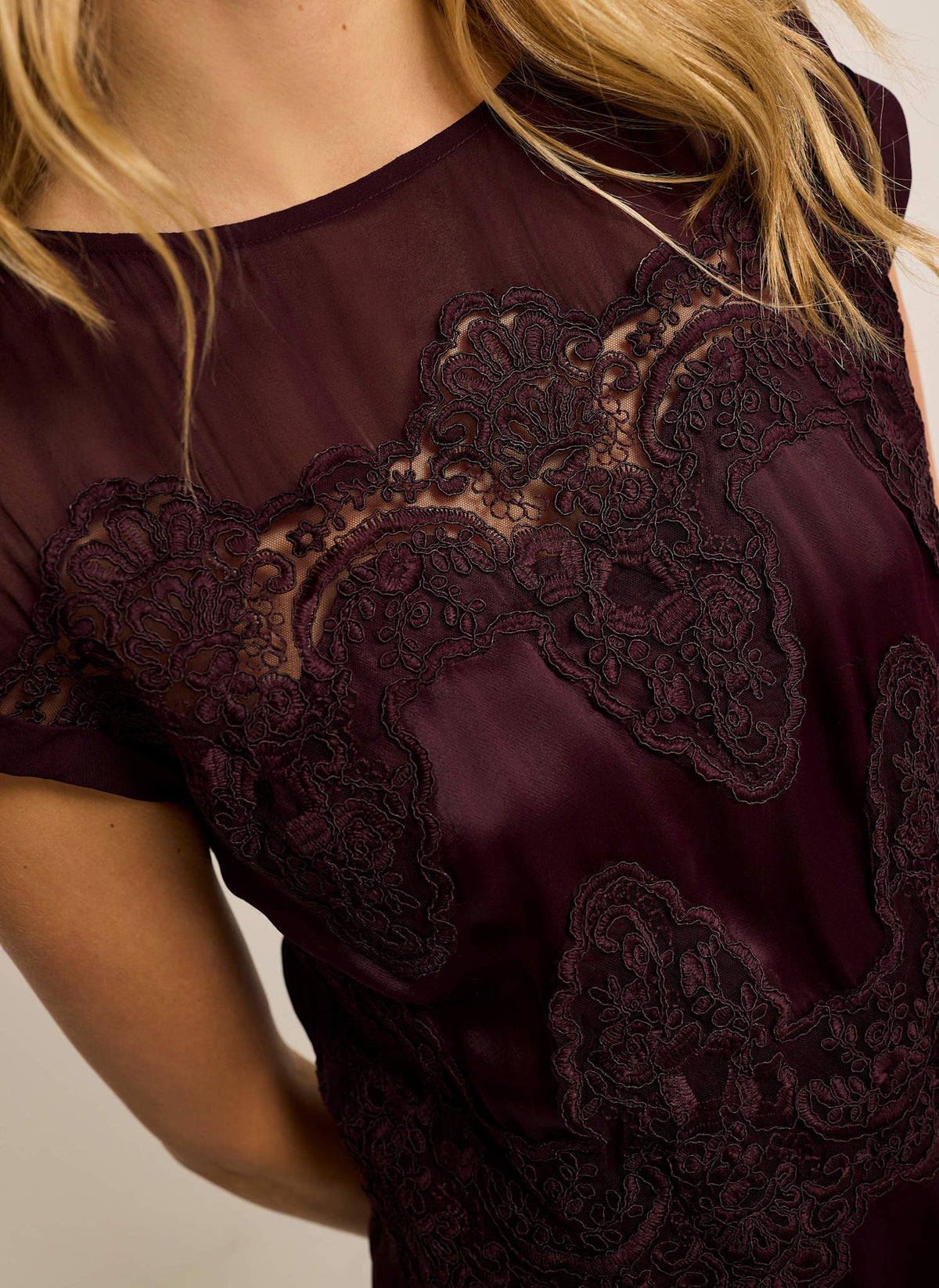 Burgundy Satin Top with Lace Detail