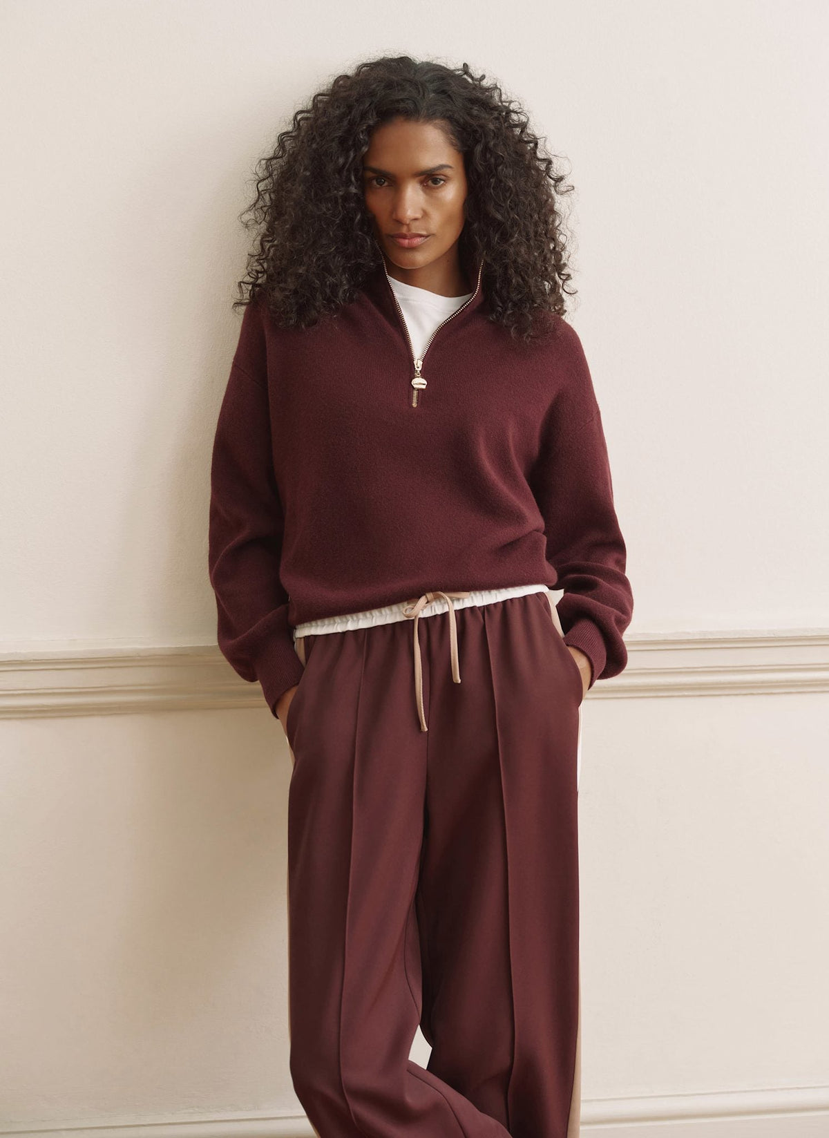 Burgundy Zip Through Jumper with Funnel Neck