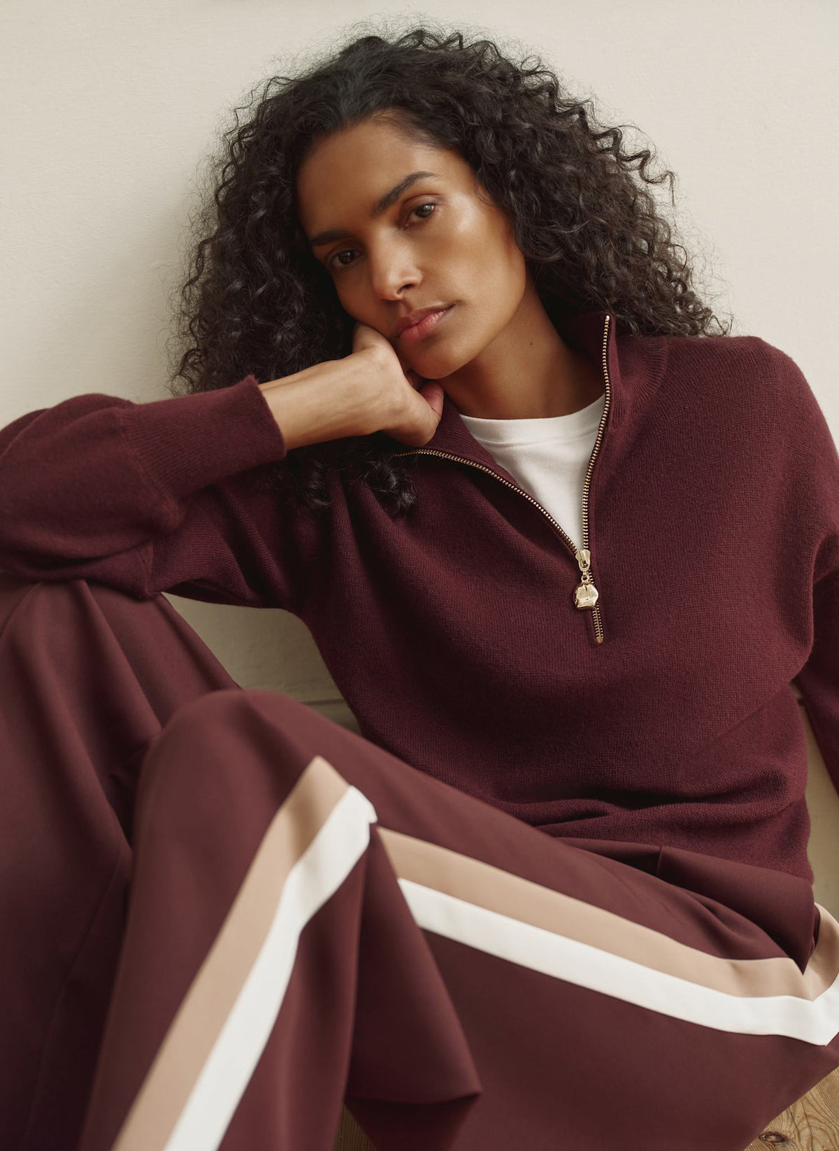 Burgundy Zip Through Jumper with Funnel Neck