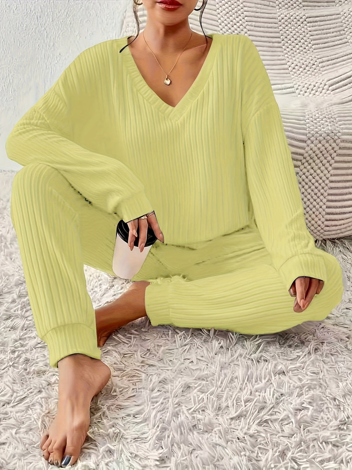 Optew Women's Lounge Set – V-Neck Long-Sleeve Knitted Two Piece