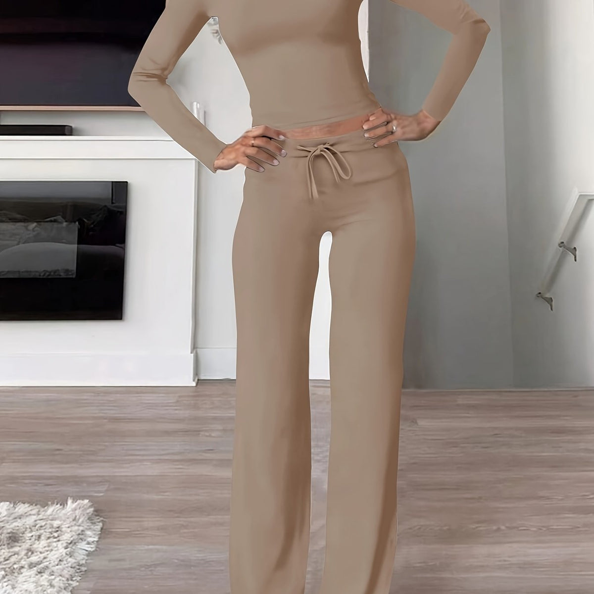 Optew Women's Loungewear Set – Ribbed Long-Sleeve Drawstring Two Piece