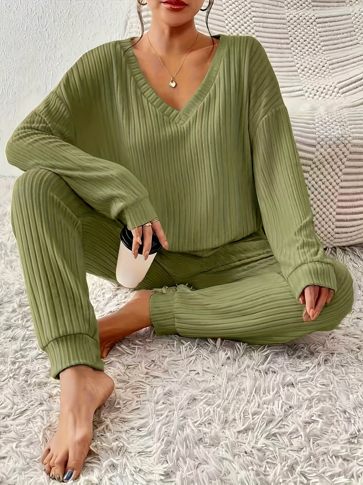 Optew Women's Lounge Set – V-Neck Long-Sleeve Knitted Two Piece