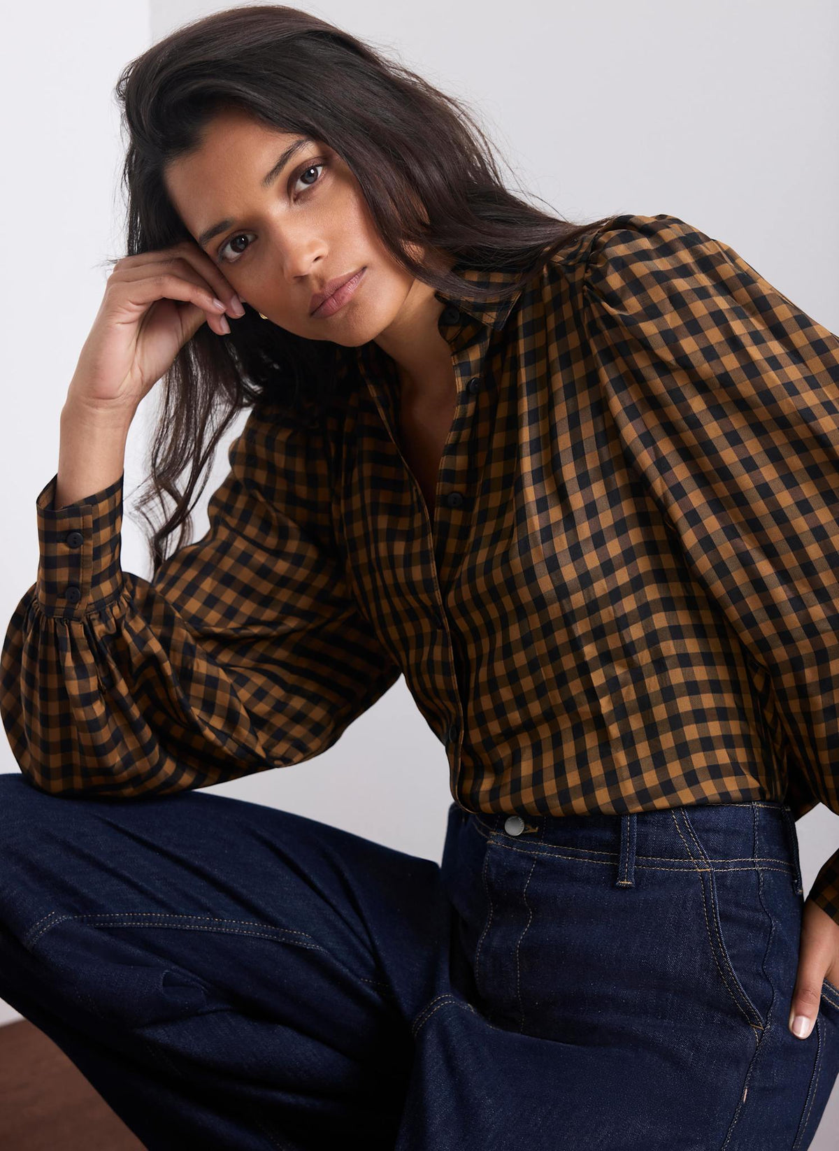 Black Checked Shirt with Puff Sleeves