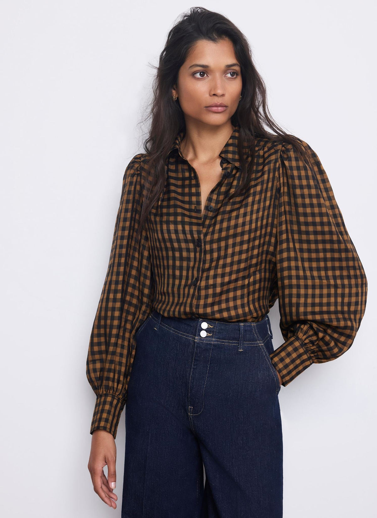 Black Checked Shirt with Puff Sleeves