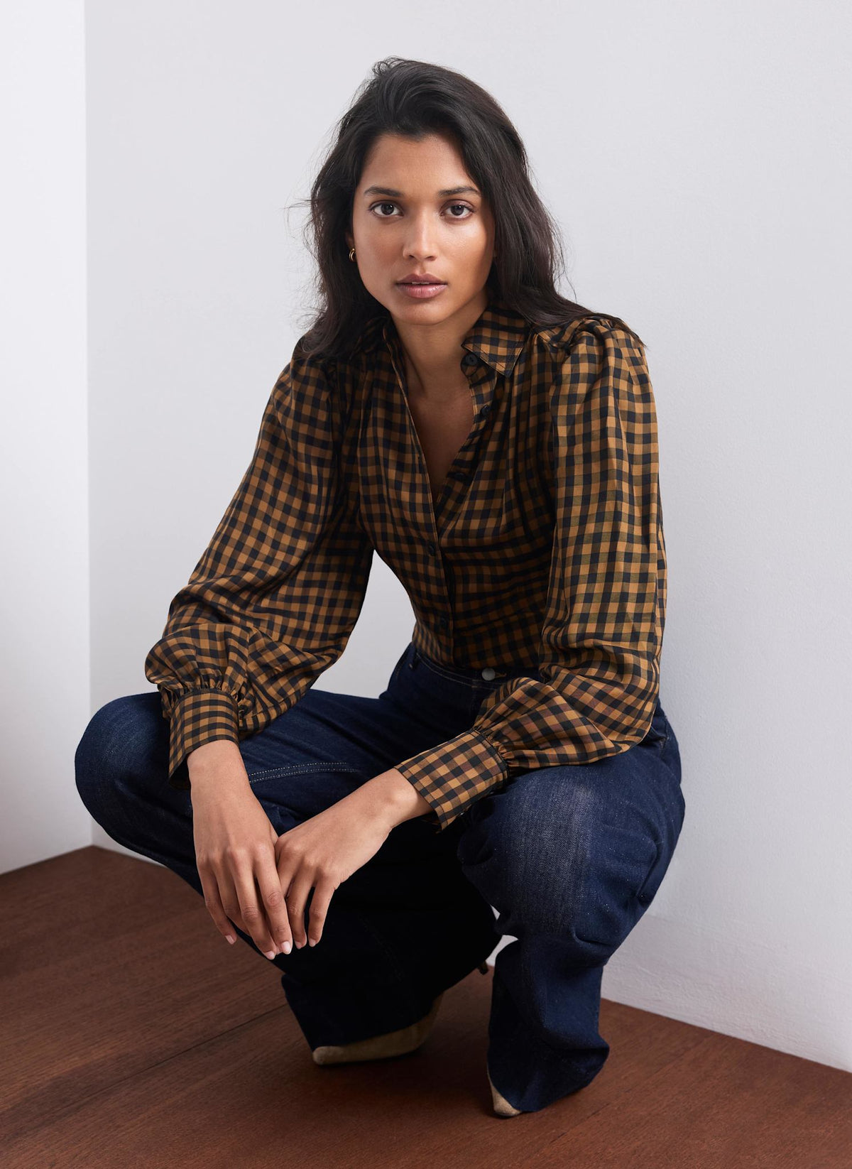 Black Checked Shirt with Puff Sleeves