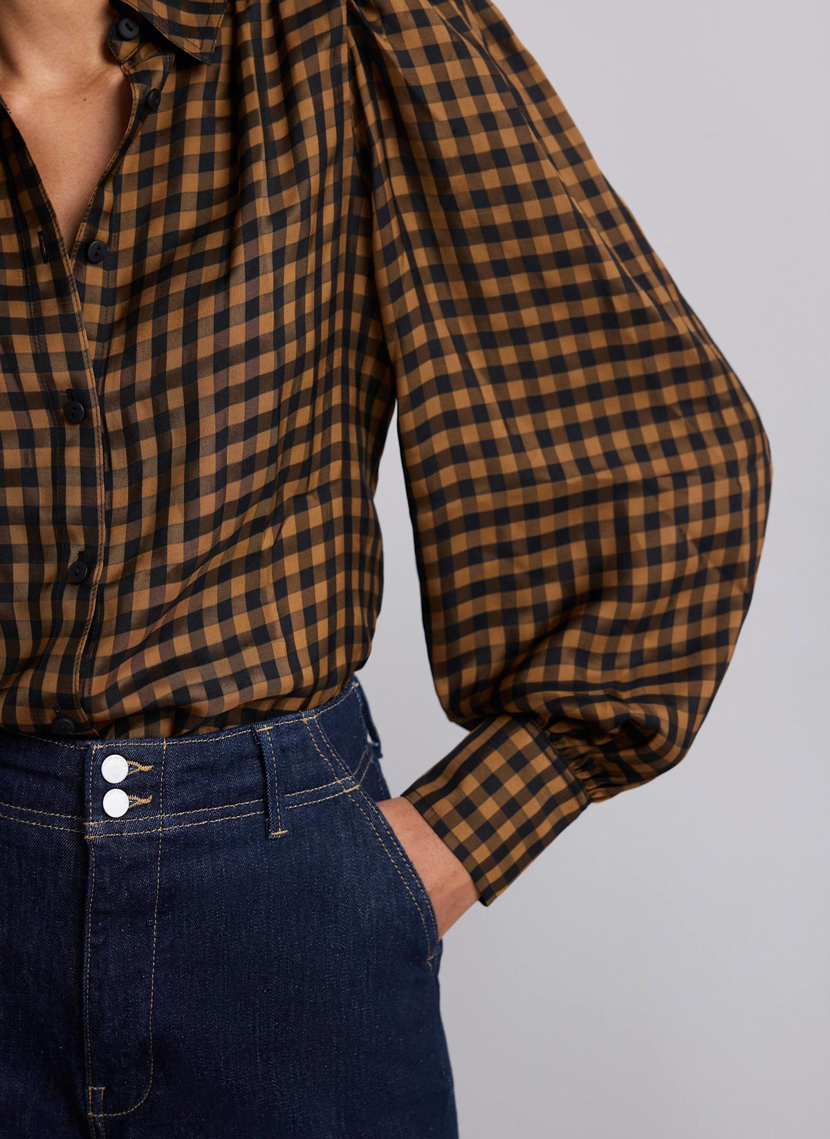 Black Checked Shirt with Puff Sleeves
