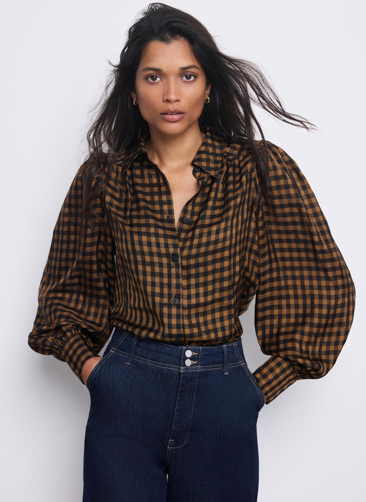 Black Checked Shirt with Puff Sleeves