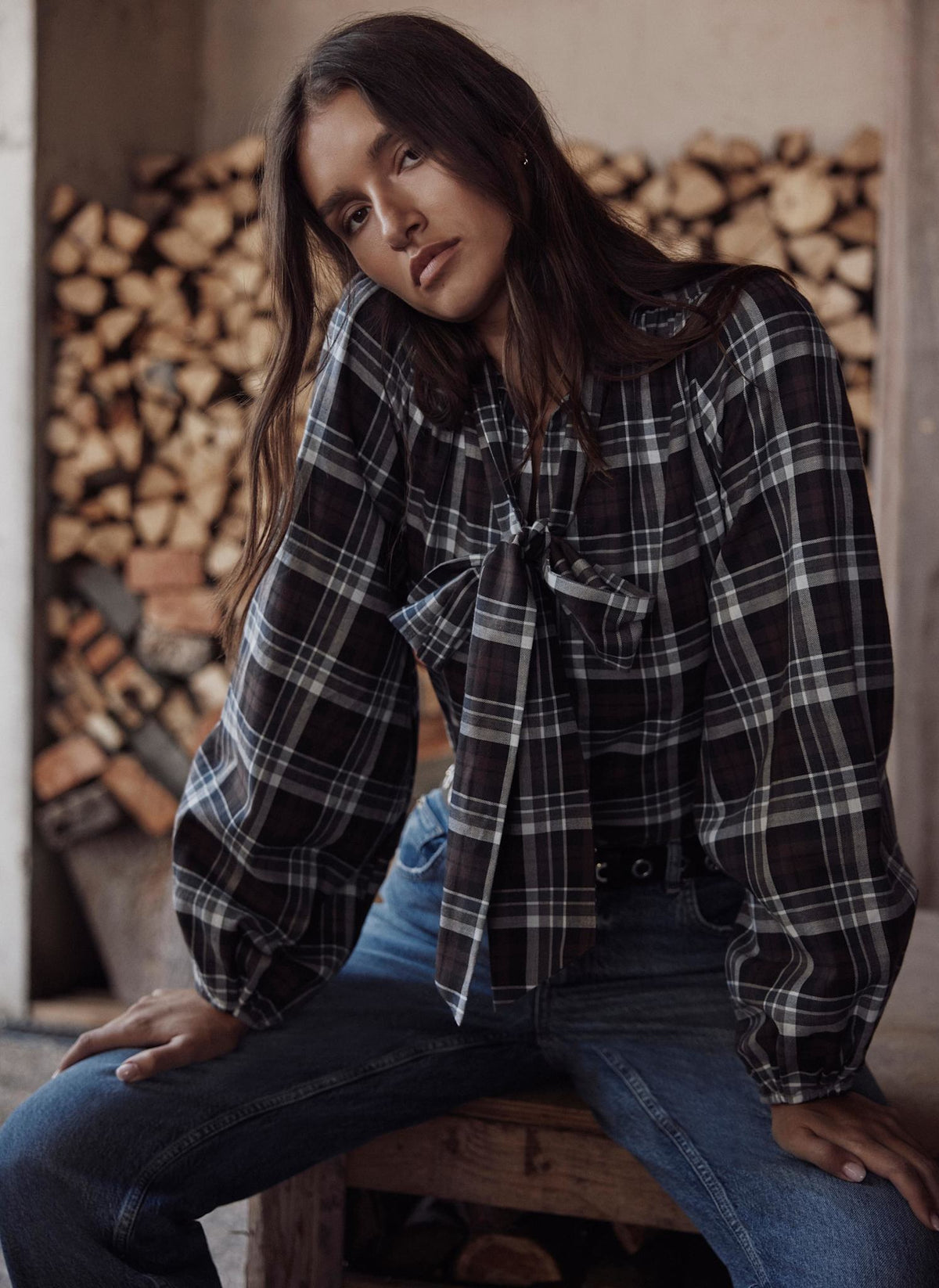 Brown Checked Pussybow Blouse in Cotton