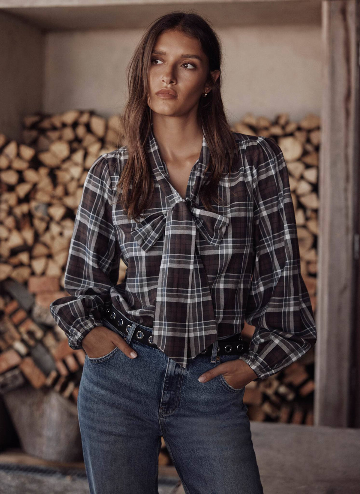 Brown Checked Pussybow Blouse in Cotton