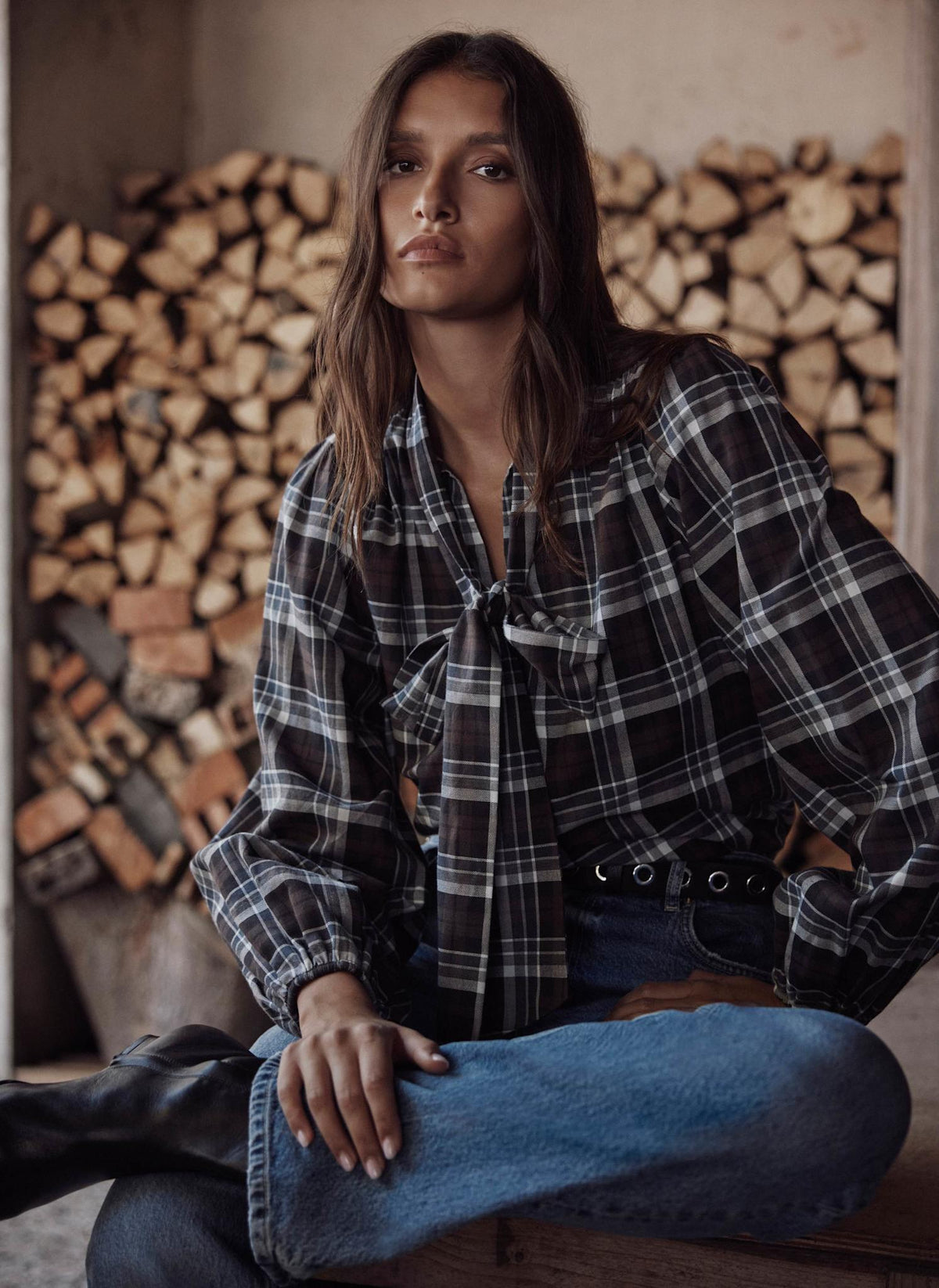 Brown Checked Pussybow Blouse in Cotton
