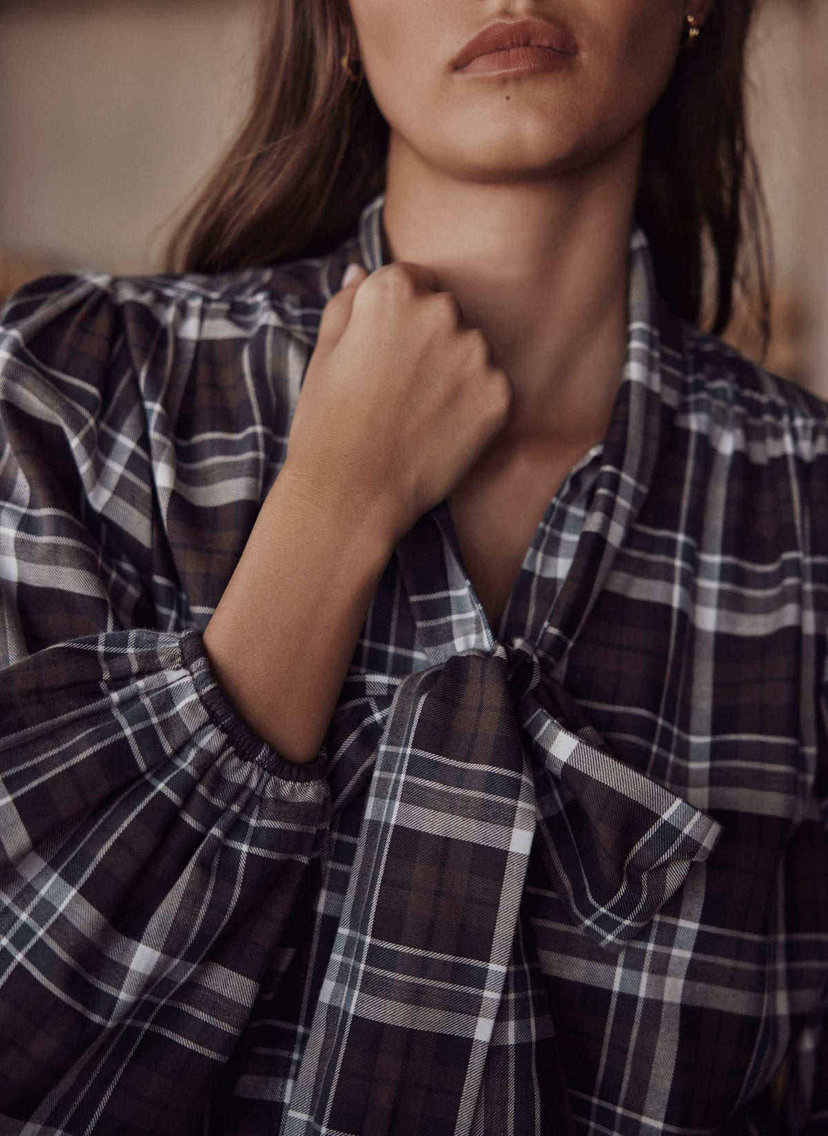 Brown Checked Pussybow Blouse in Cotton