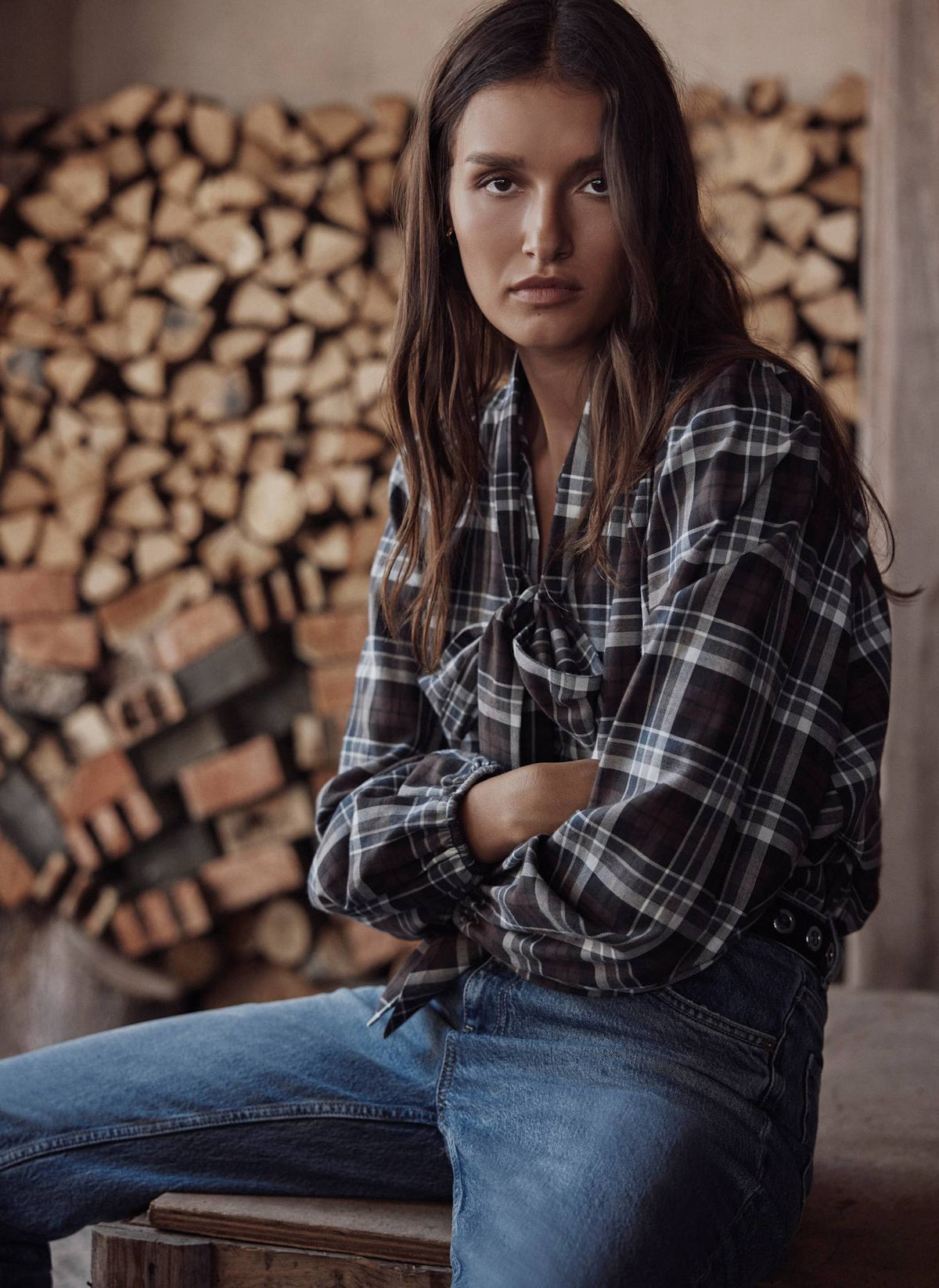Brown Checked Pussybow Blouse in Cotton
