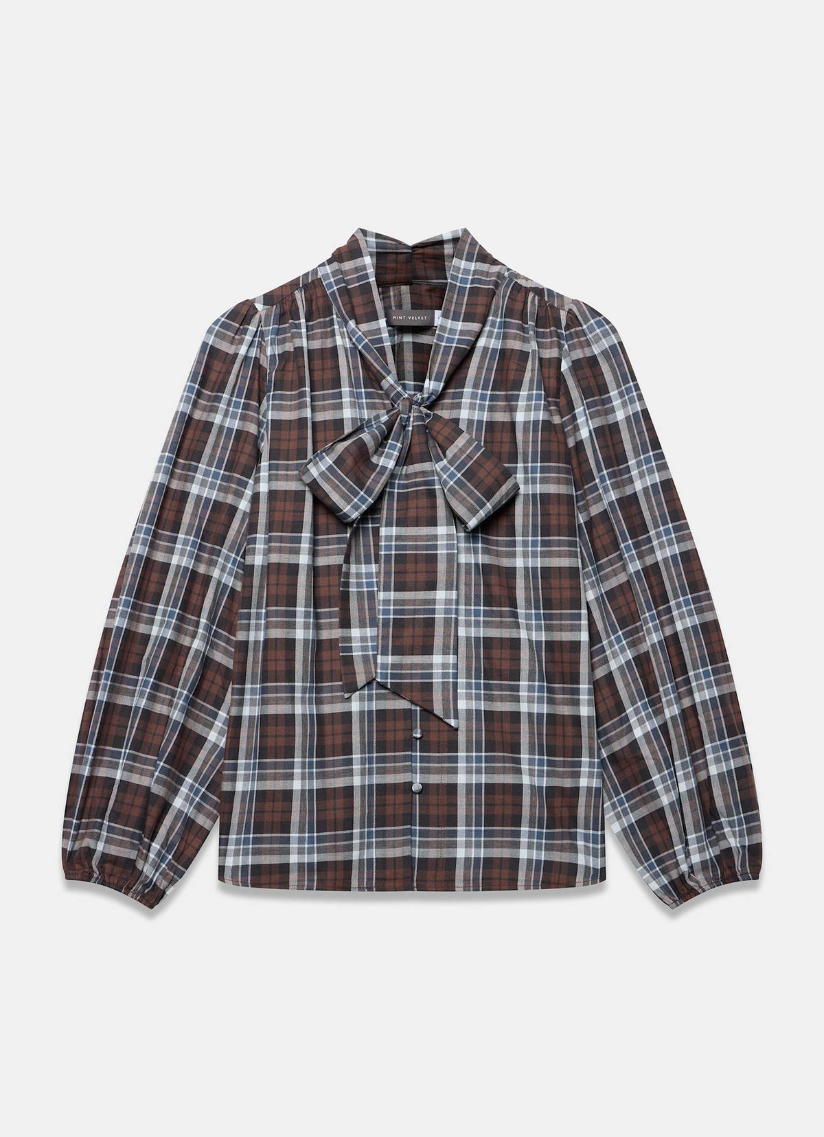Brown Checked Pussybow Blouse in Cotton