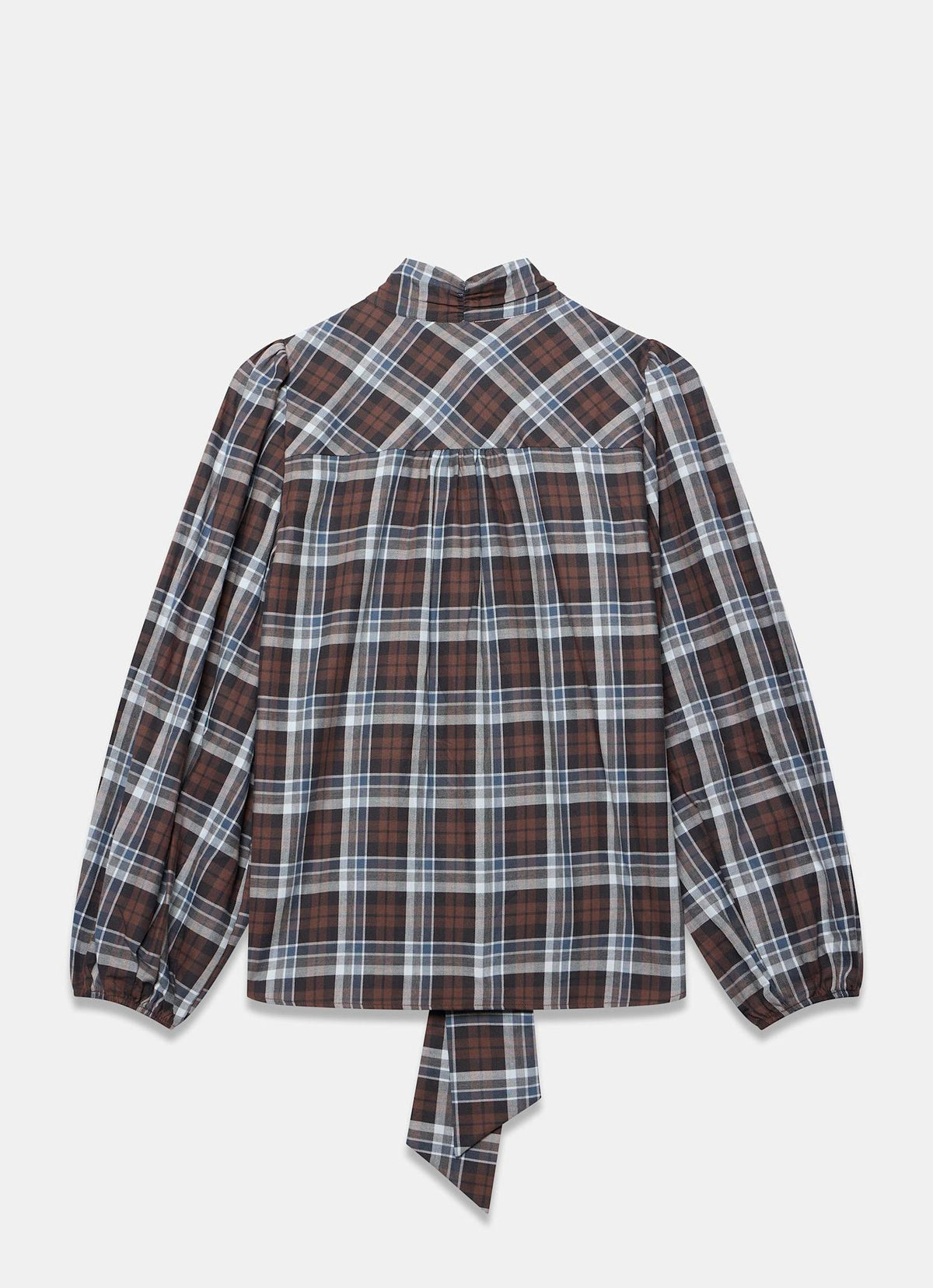 Brown Checked Pussybow Blouse in Cotton